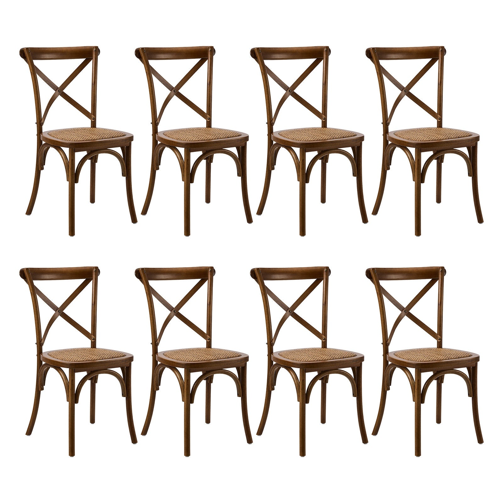 Oikiture 8PCS Crossback Dining Chair Solid Birch Timber Wood Rattan Seat Walnut - Sunyee