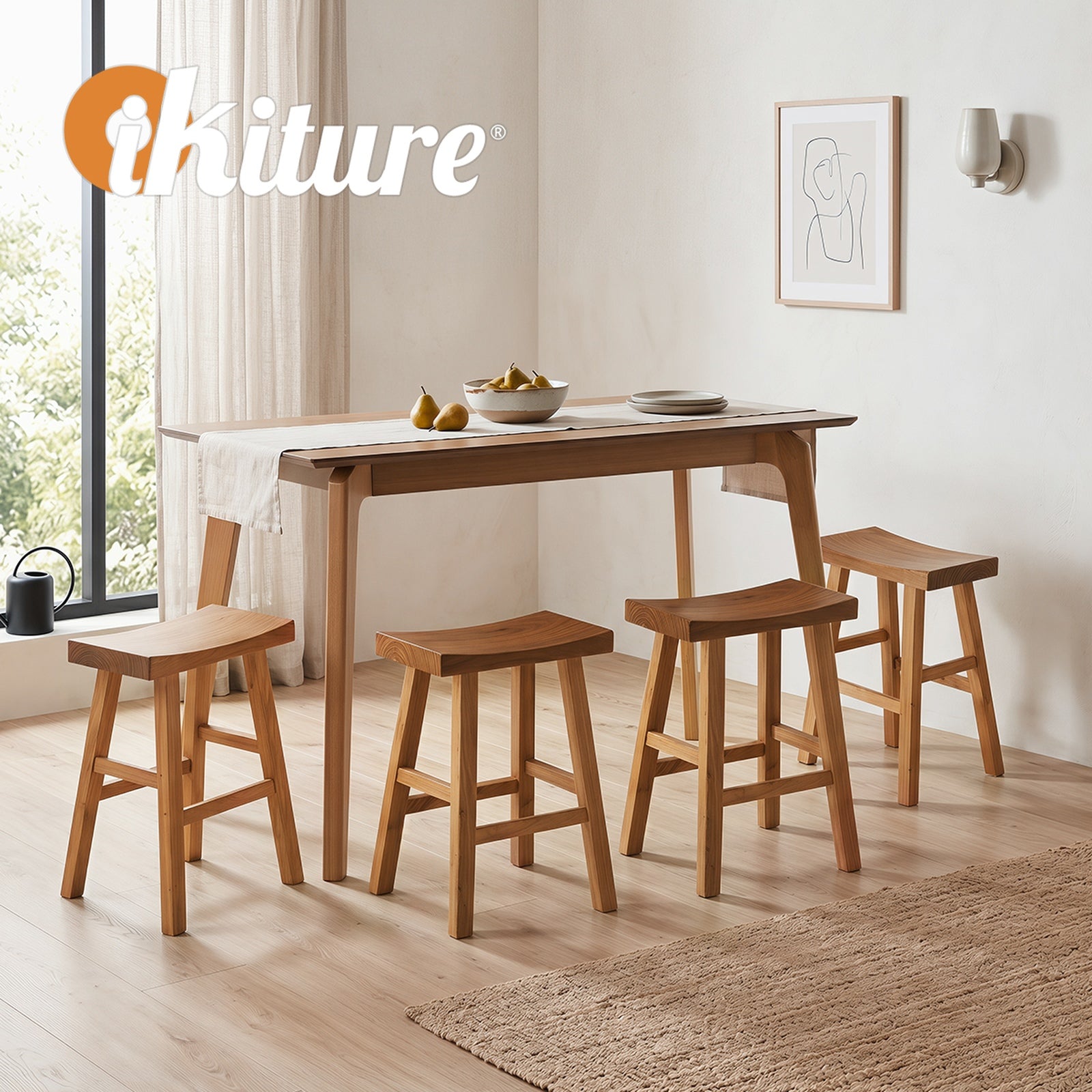 Oikiture Wooden Stool Elm Wood Kitchen Dining Stool Caf¨¦ Seat Natural Timber