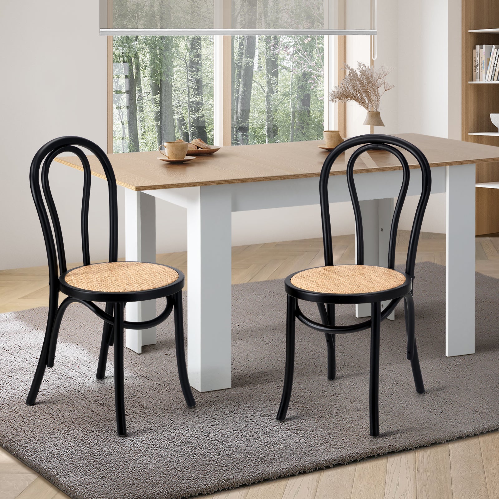Oikiture 2PCS Dining Chair Solid Wooden Chairs Ratan Seat Black - Sunyee