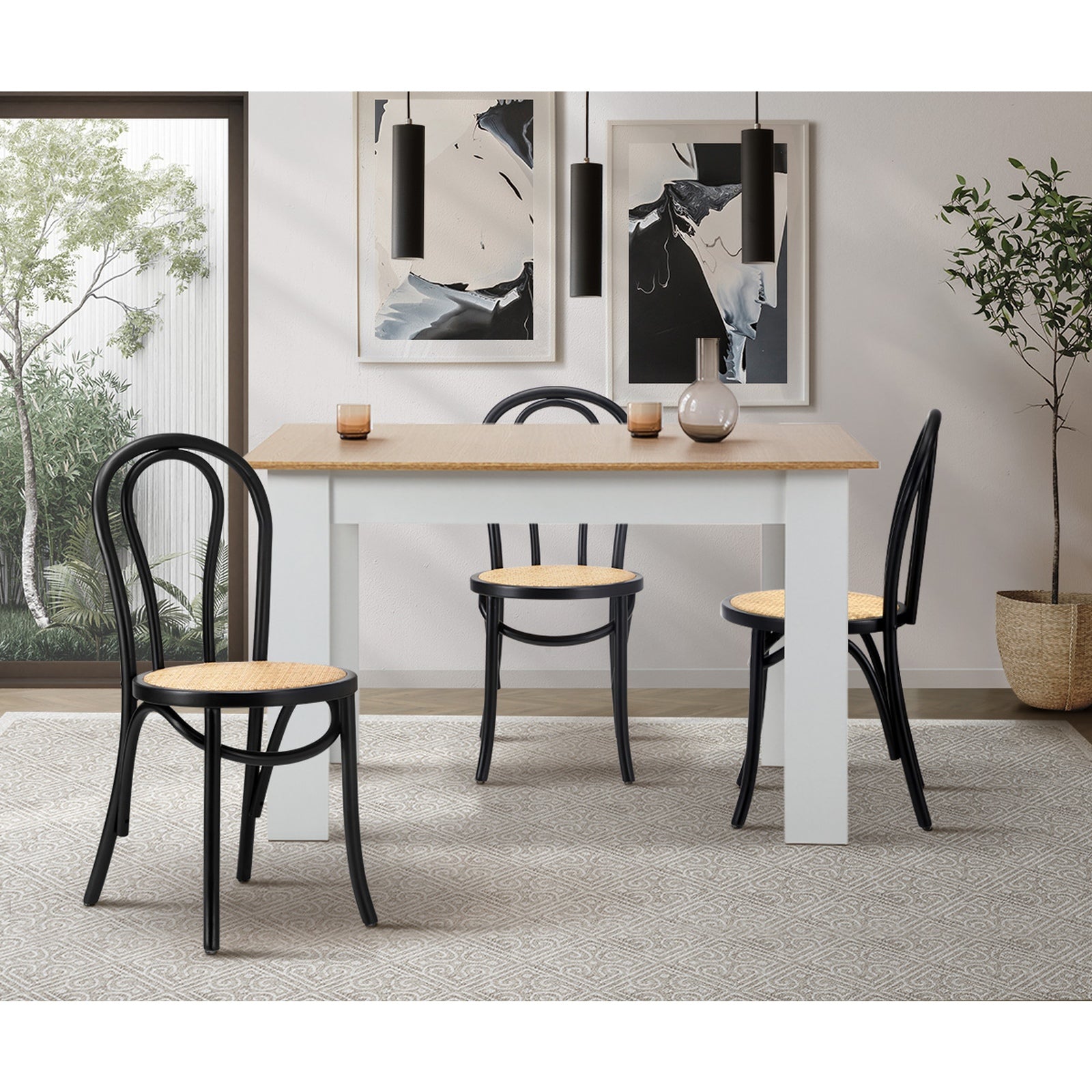 Oikiture Dining Chair Solid Wooden Chairs Ratan Seat Black - Sunyee