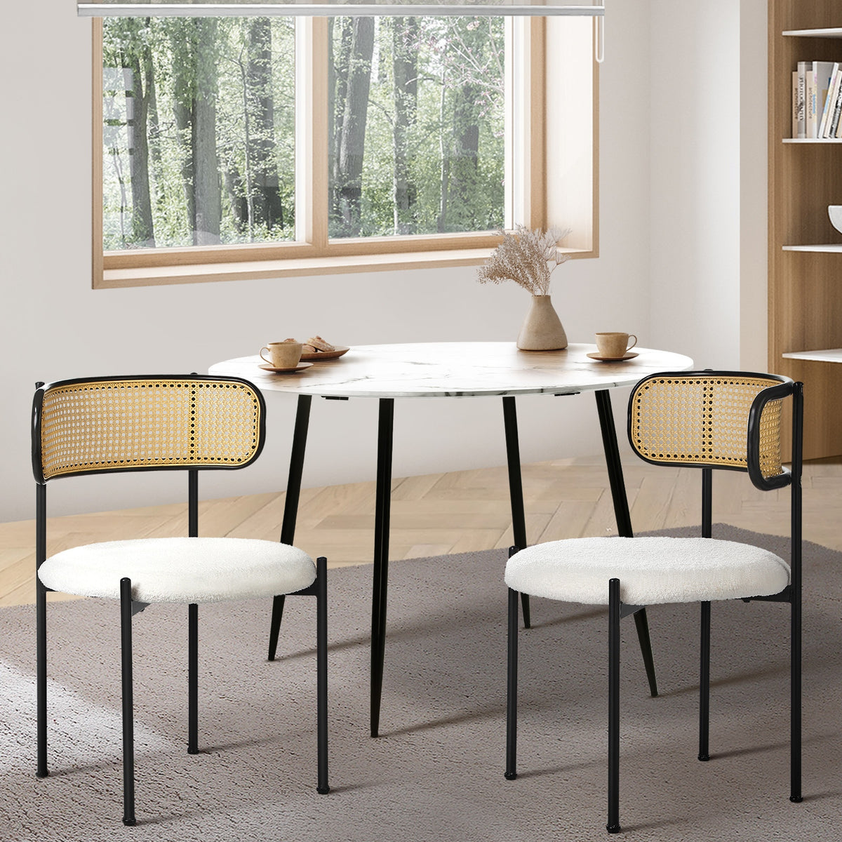 Oikiture Dining Chair Round Boucle Kitchen Lounge Backrest Black and White - Sunyee