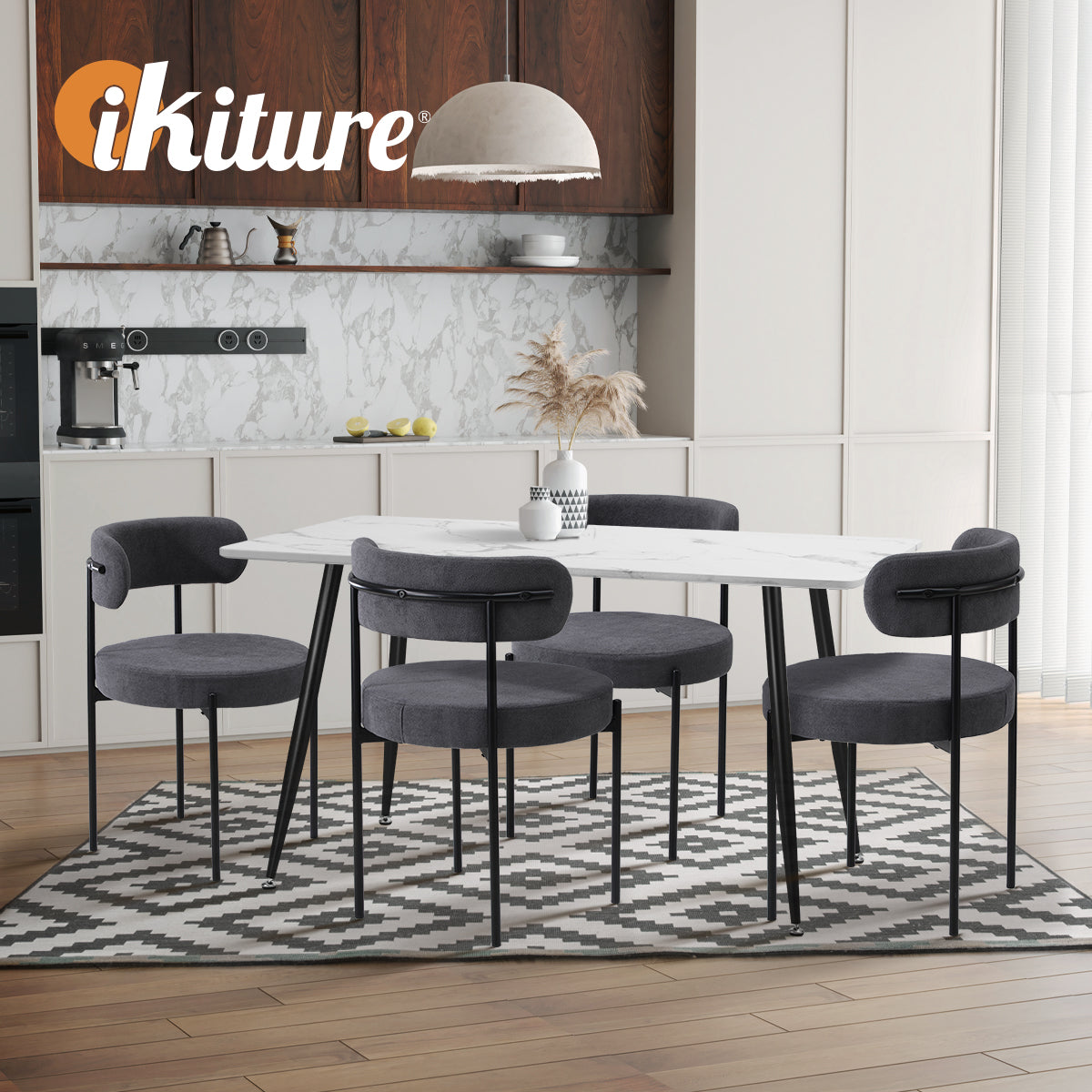 Oikiture 4x Dining Chair Round Boucle Kitchen Lounge Seats Backrest Dark Grey - Sunyee