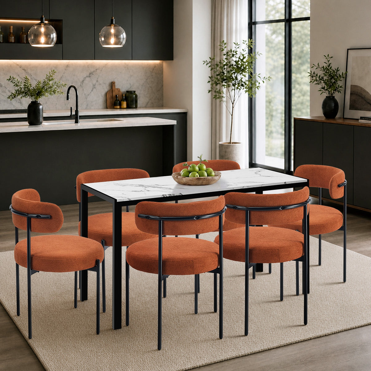Oikiture 2x Dining Chair Round Boucle Kitchen Lounge Seats Backrest Orange