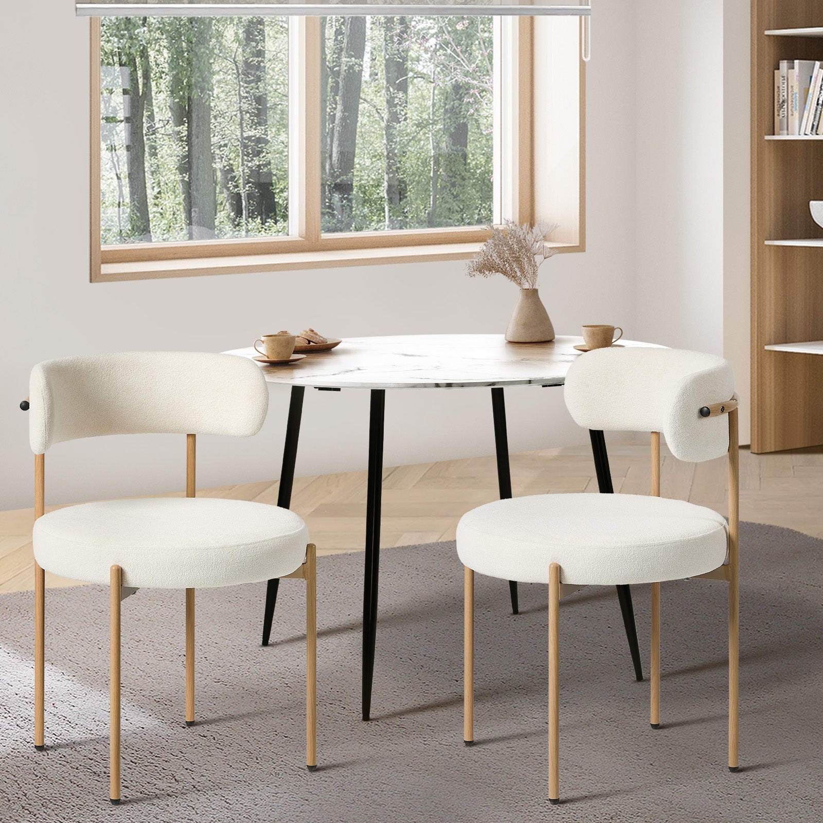 Oikiture 2x Dining Chair Round Boucle Kitchen Lounge Seats White&Natural - Sunyee