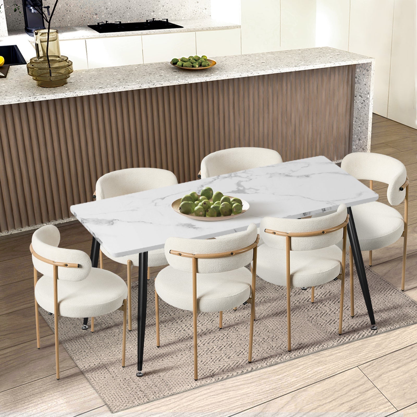 Oikiture 2x Dining Chair Round Boucle Kitchen Lounge Seats White&Natural - Sunyee