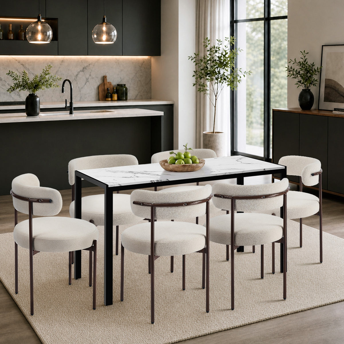 Oikiture 2x Dining Chair Round Boucle Kitchen Lounge Seats Backrest Walunt&White