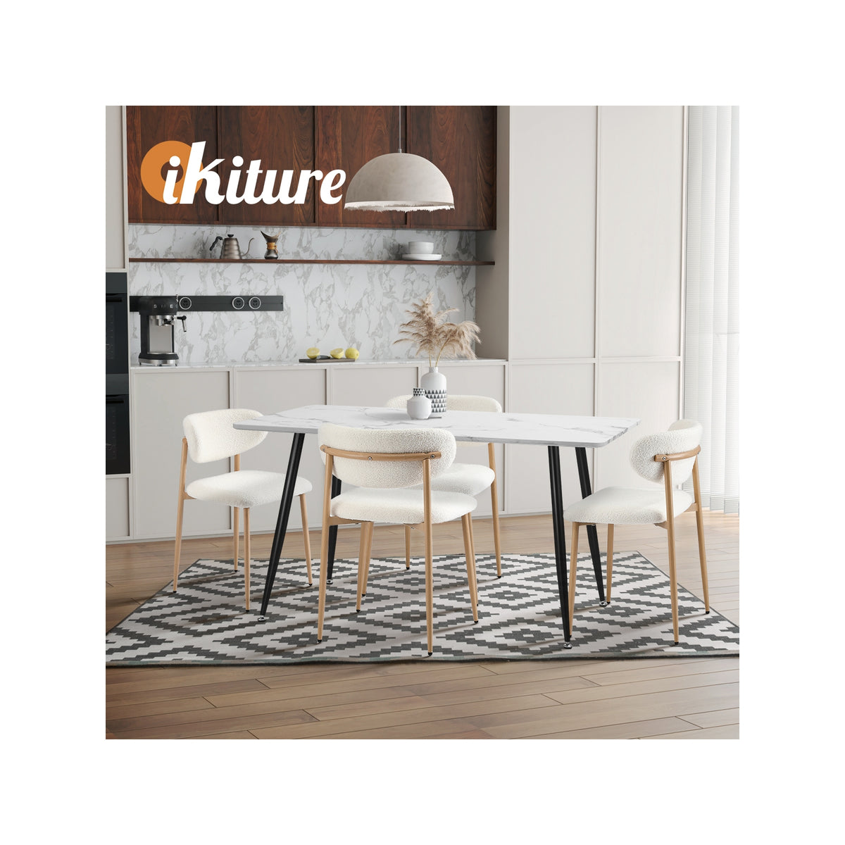 Oikiture Dining Chairs Kitchen Chair Cafe Lounge Chair Boucle Wood&White - Sunyee