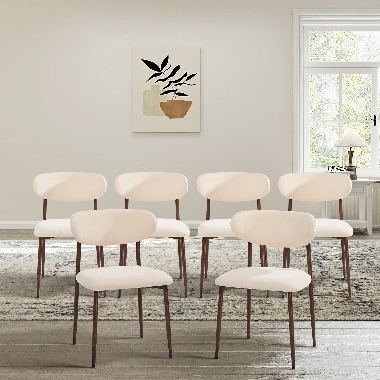 Oikiture 6x Dining Chairs Kitchen Chair Cafe Lounge Chair Boucle Walnut&Beige