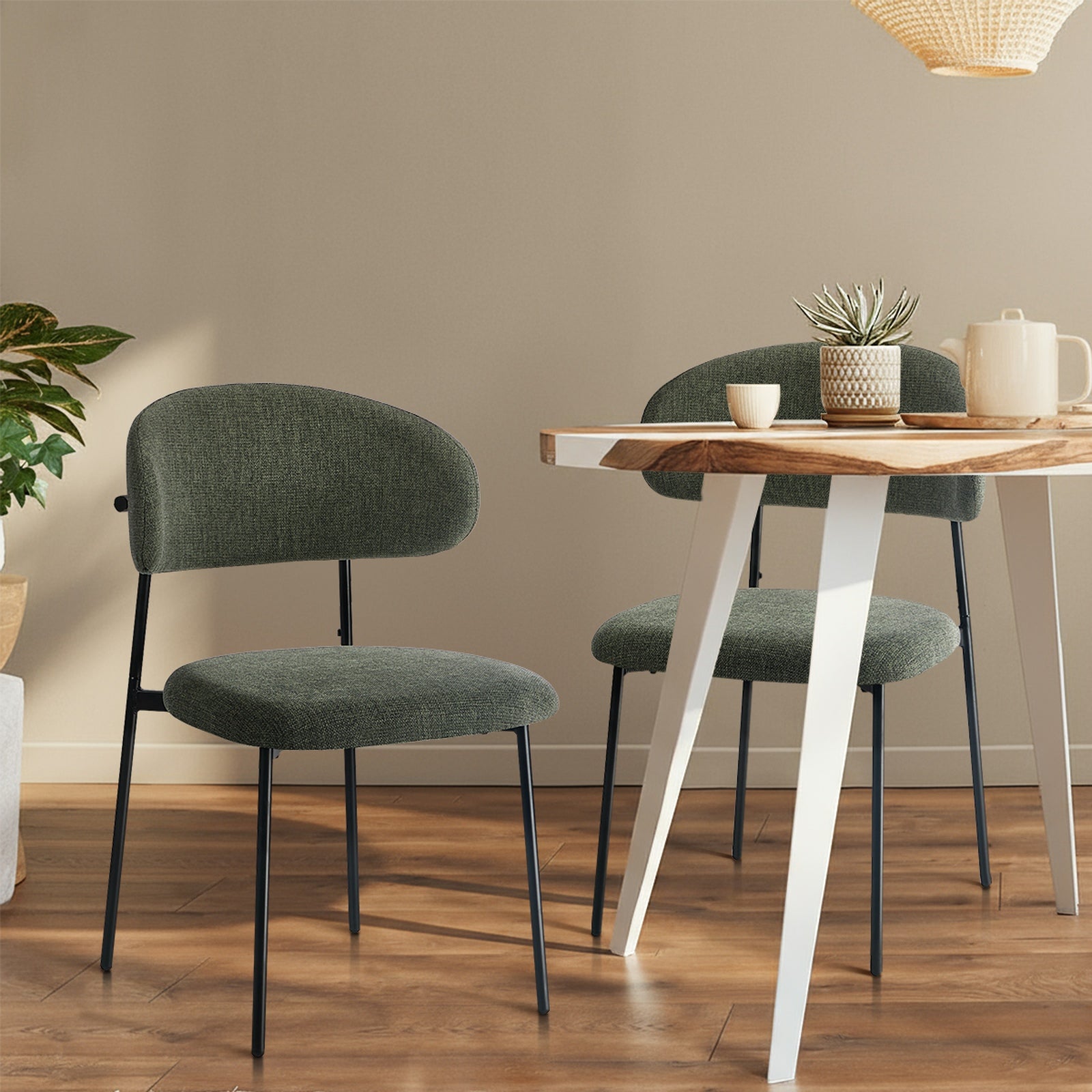 Oikiture 2x Dining Chairs Kitchen Lounge Seat Linen Fabric Accent Chair Green - Sunyee