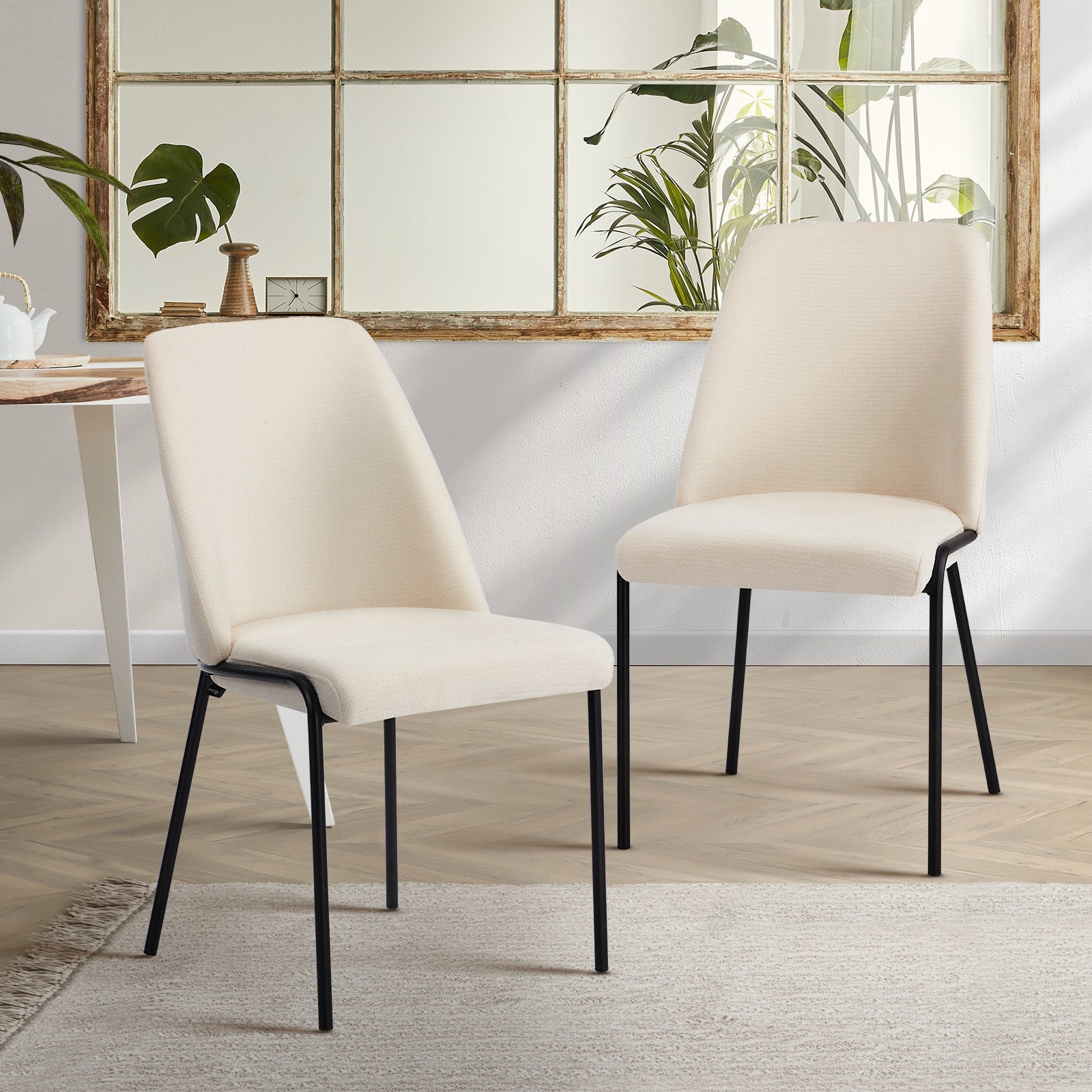 Oikiture Set of 2 Dining Chairs Chenille Fabric Kitchen Chair Padded Seat Beige - Sunyee