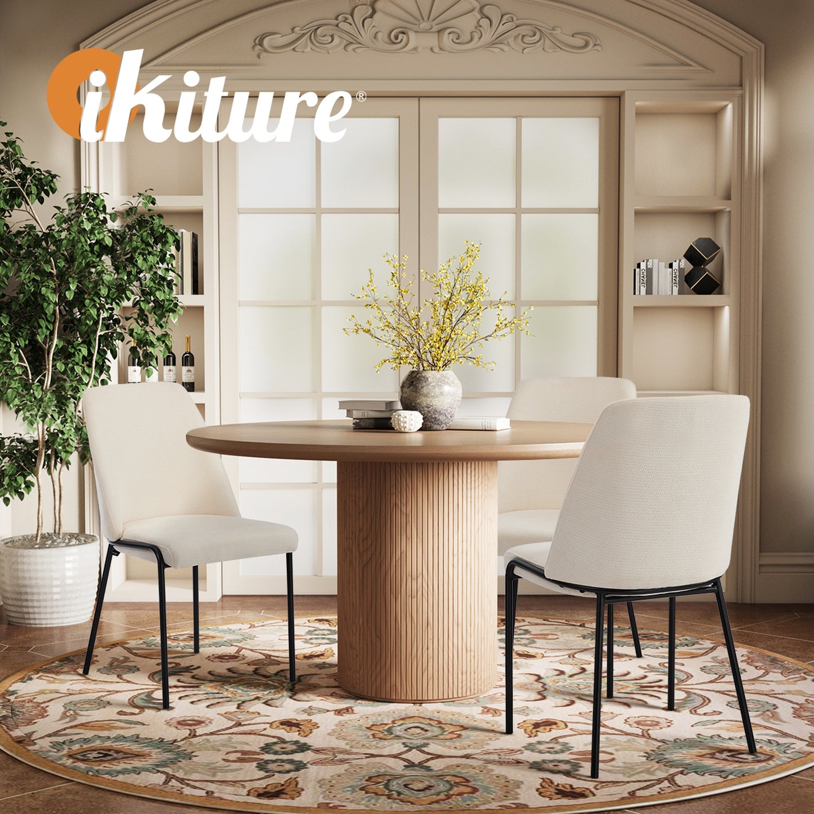 Oikiture Set of 2 Dining Chairs Chenille Fabric Kitchen Chair Padded Seat Beige - Sunyee