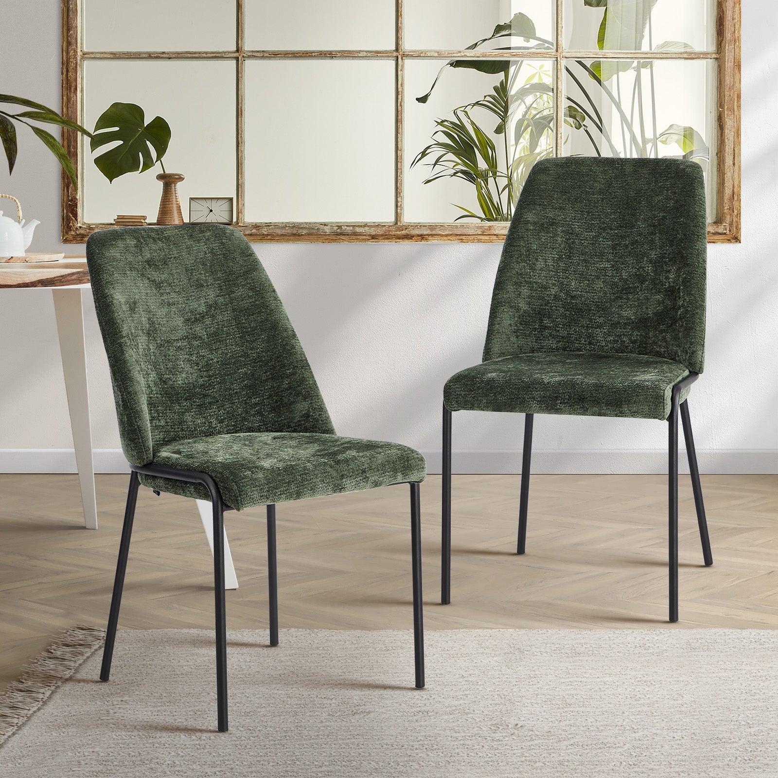 Oikiture Set of 2 Dining Chairs Chenille Fabric Kitchen Chair Padded Seat Green - Sunyee