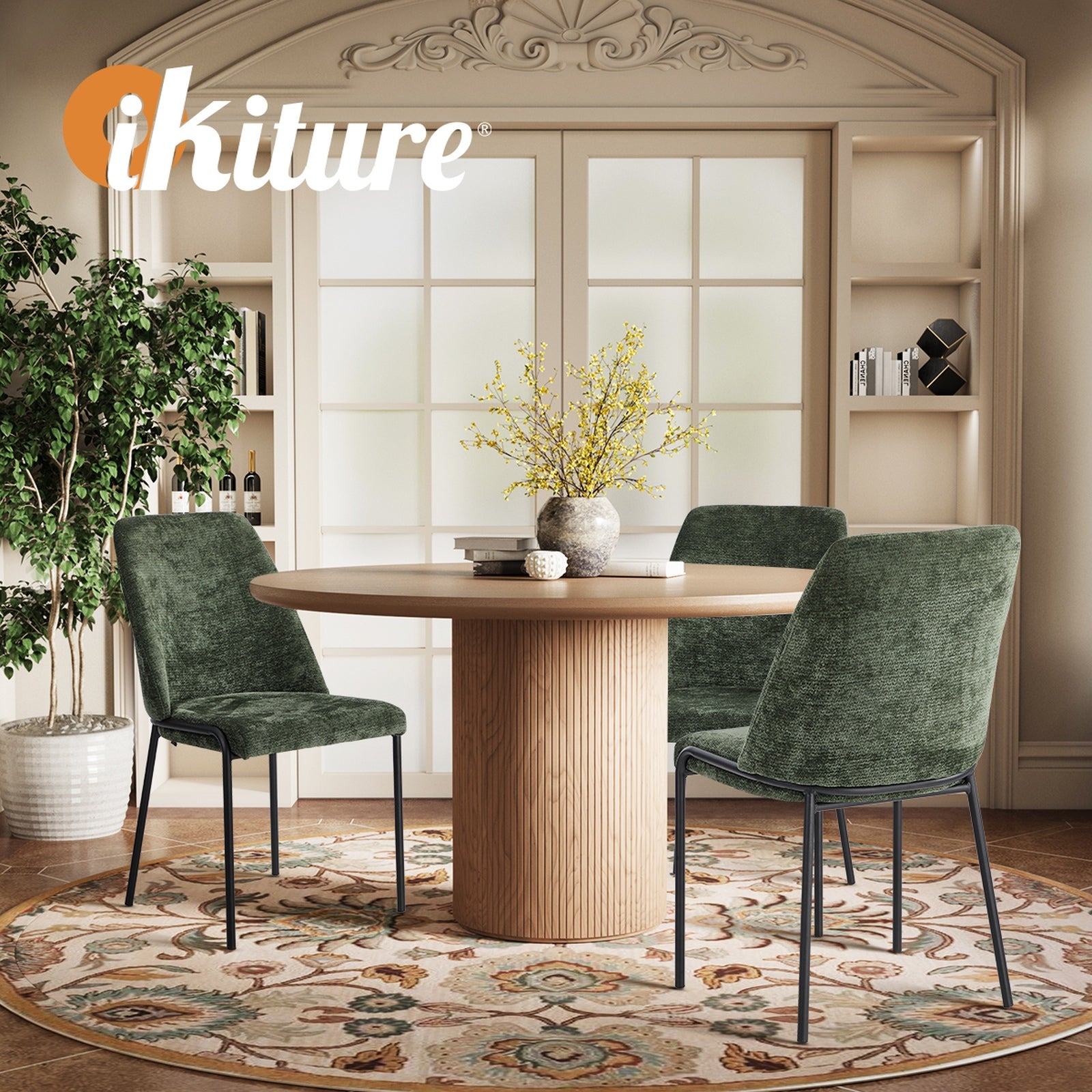 Oikiture Set of 2 Dining Chairs Chenille Fabric Kitchen Chair Padded Seat Green - Sunyee