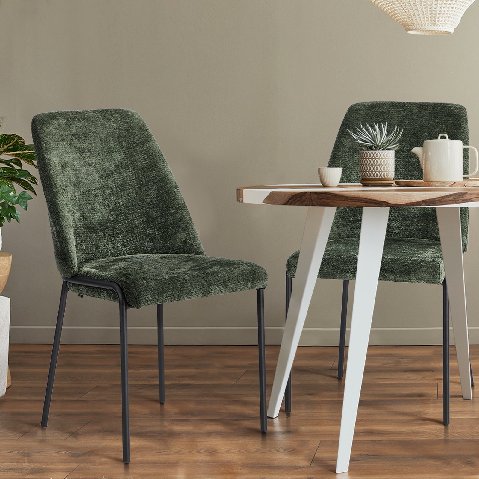 Oikiture Set of 4 Dining Chairs Chenille Fabric Kitchen Chair Padded Seat Green - Sunyee