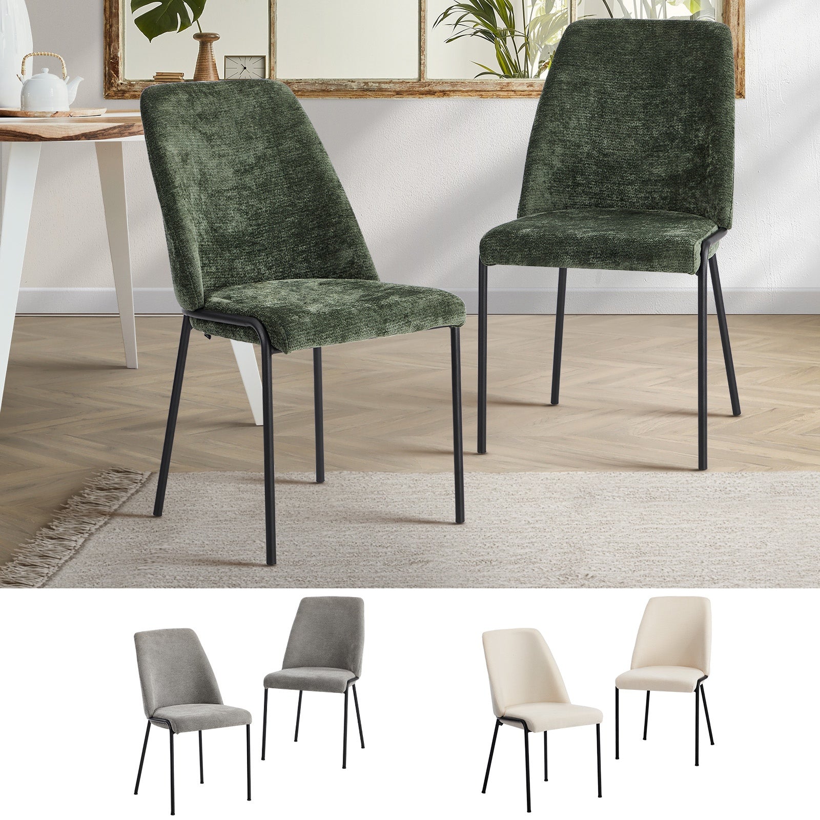 Oikiture Set of 2 Dining Chairs Chenille Fabric Kitchen Chair Padded Seat - Sunyee