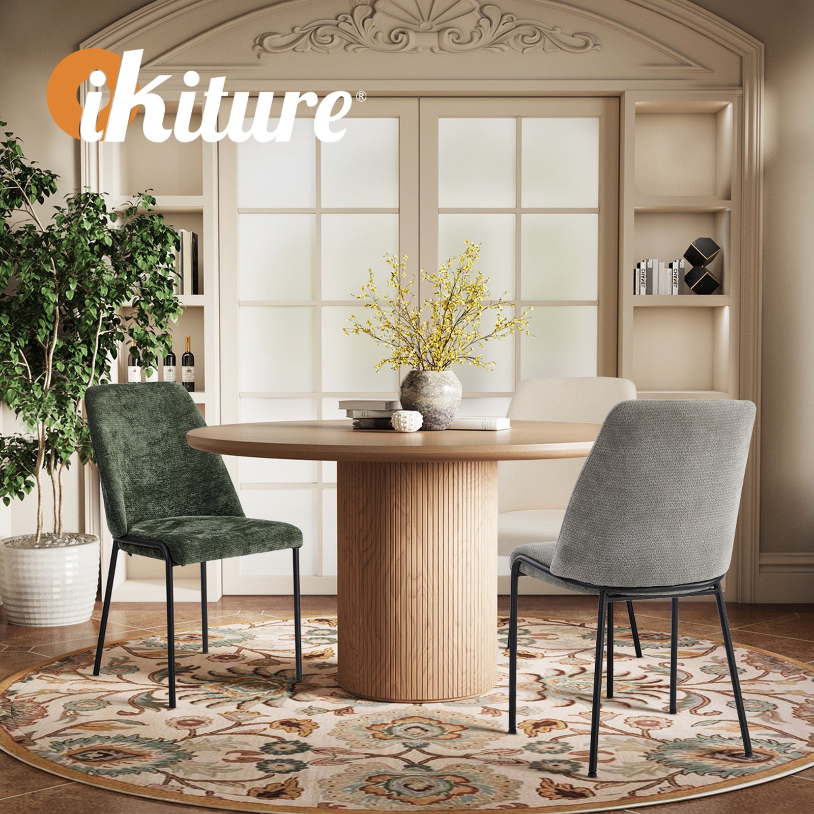 Oikiture Set of 2 Dining Chairs Chenille Fabric Kitchen Chair Padded Seat - Sunyee