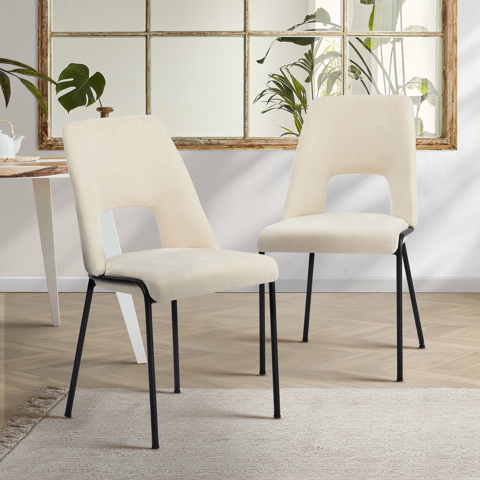 Oikiture 2x Dining Chairs Chenille Fabric Kitchen Side Chair Beige - Sunyee