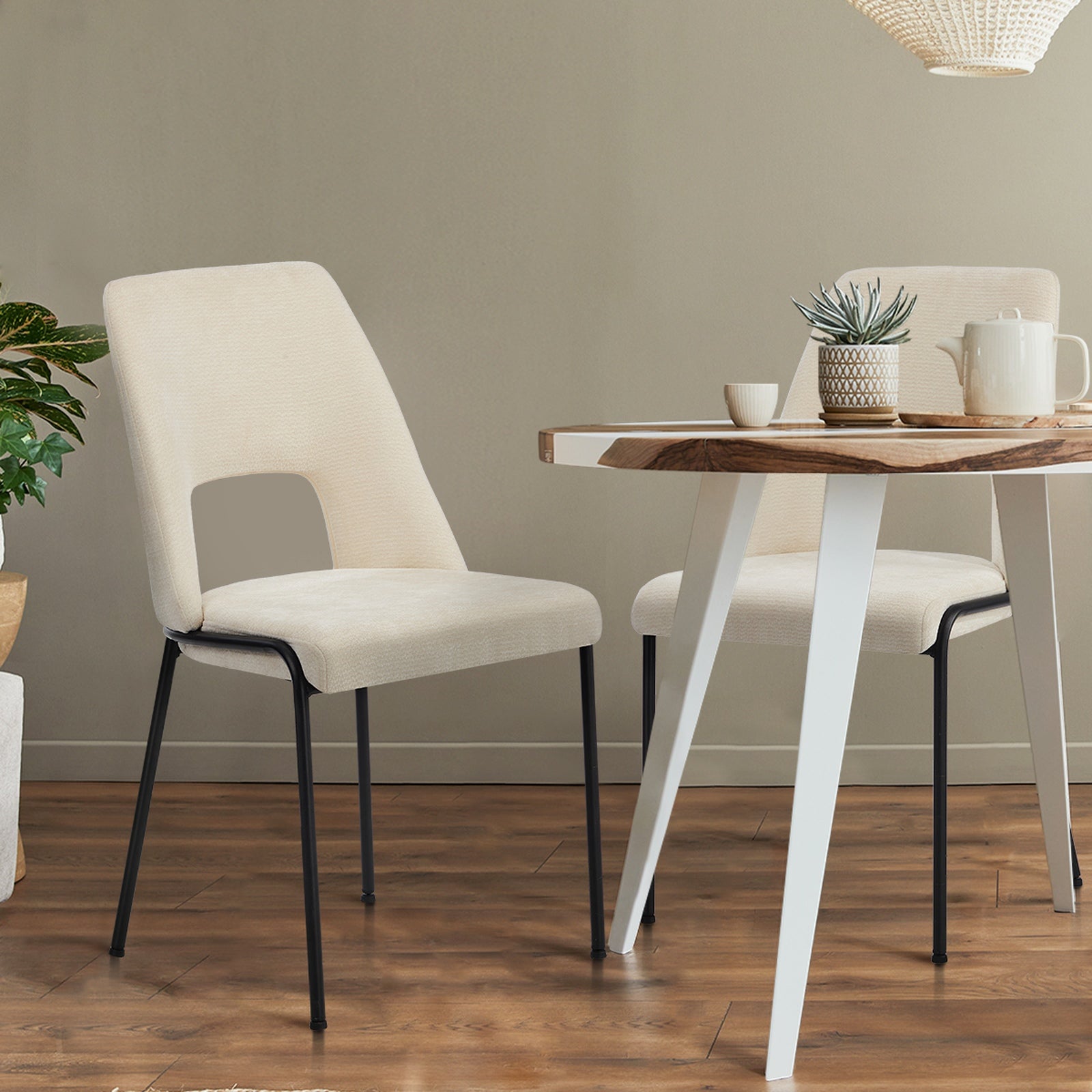 Oikiture 2x Dining Chairs Chenille Fabric Kitchen Side Chair Beige - Sunyee