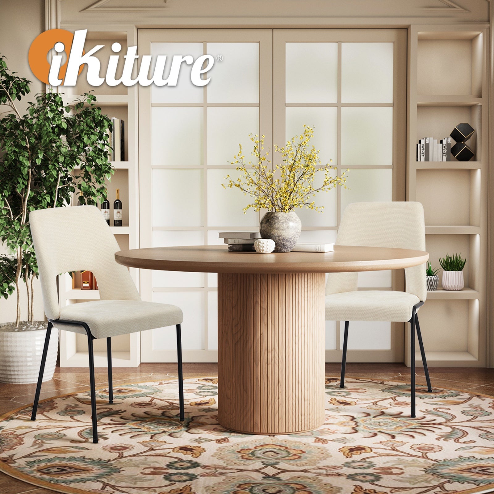 Oikiture 2x Dining Chairs Chenille Fabric Kitchen Side Chair Beige - Sunyee