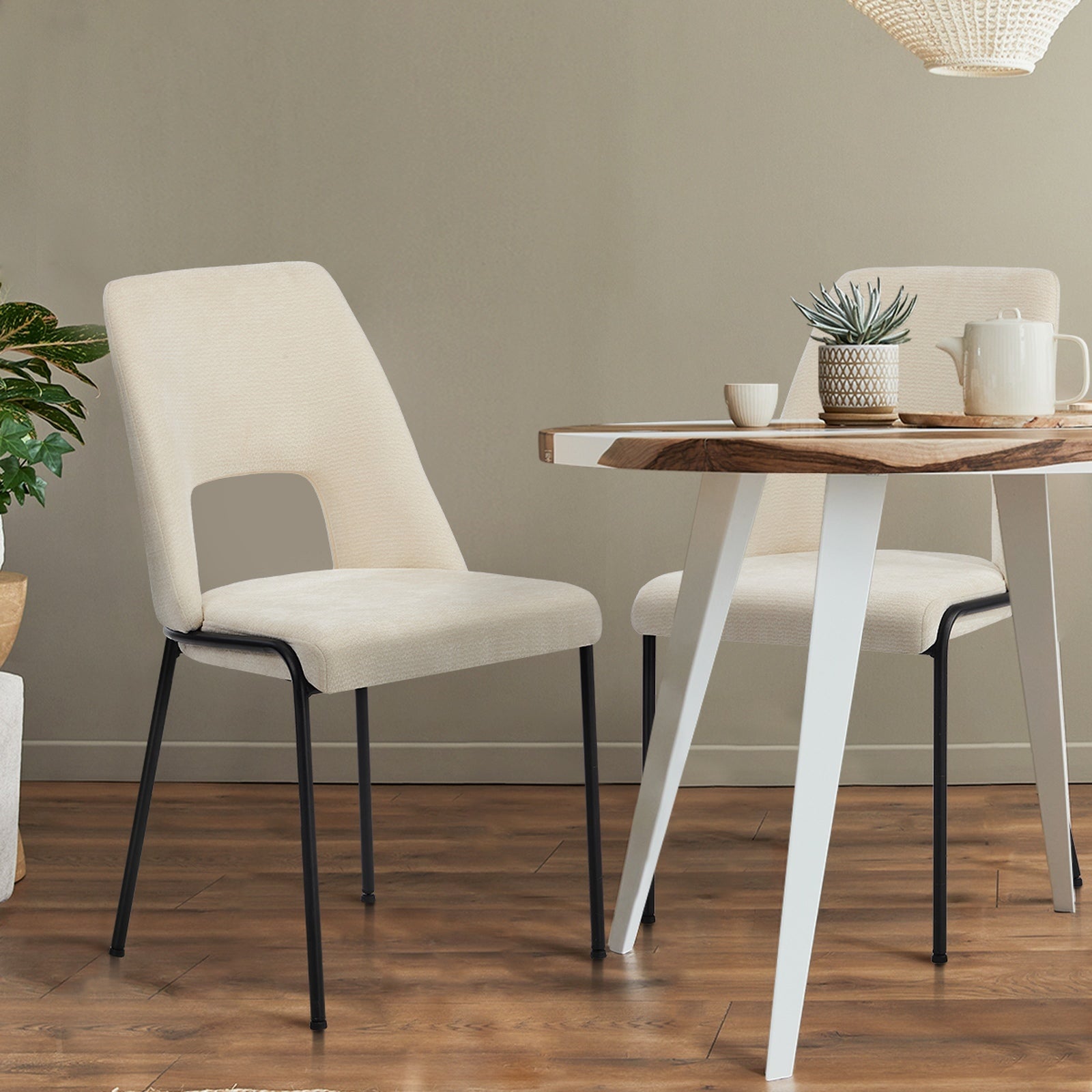 Oikiture 4x Dining Chairs Chenille Fabric Kitchen Side Chair Beige - Sunyee