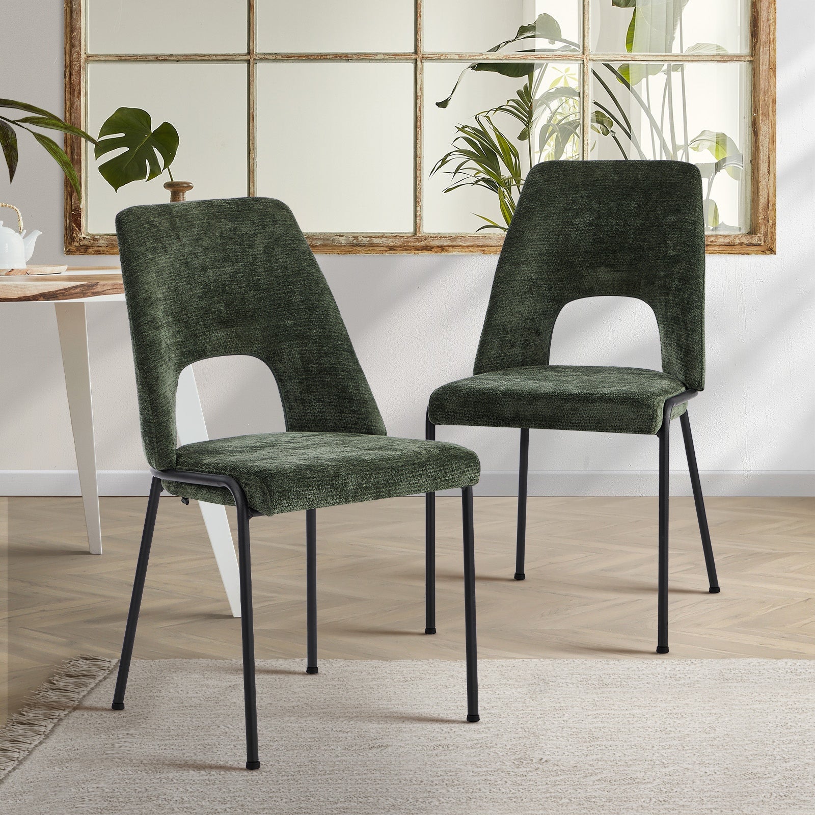 Oikiture 2x Dining Chairs Chenille Fabric Kitchen Side Chair Green - Sunyee
