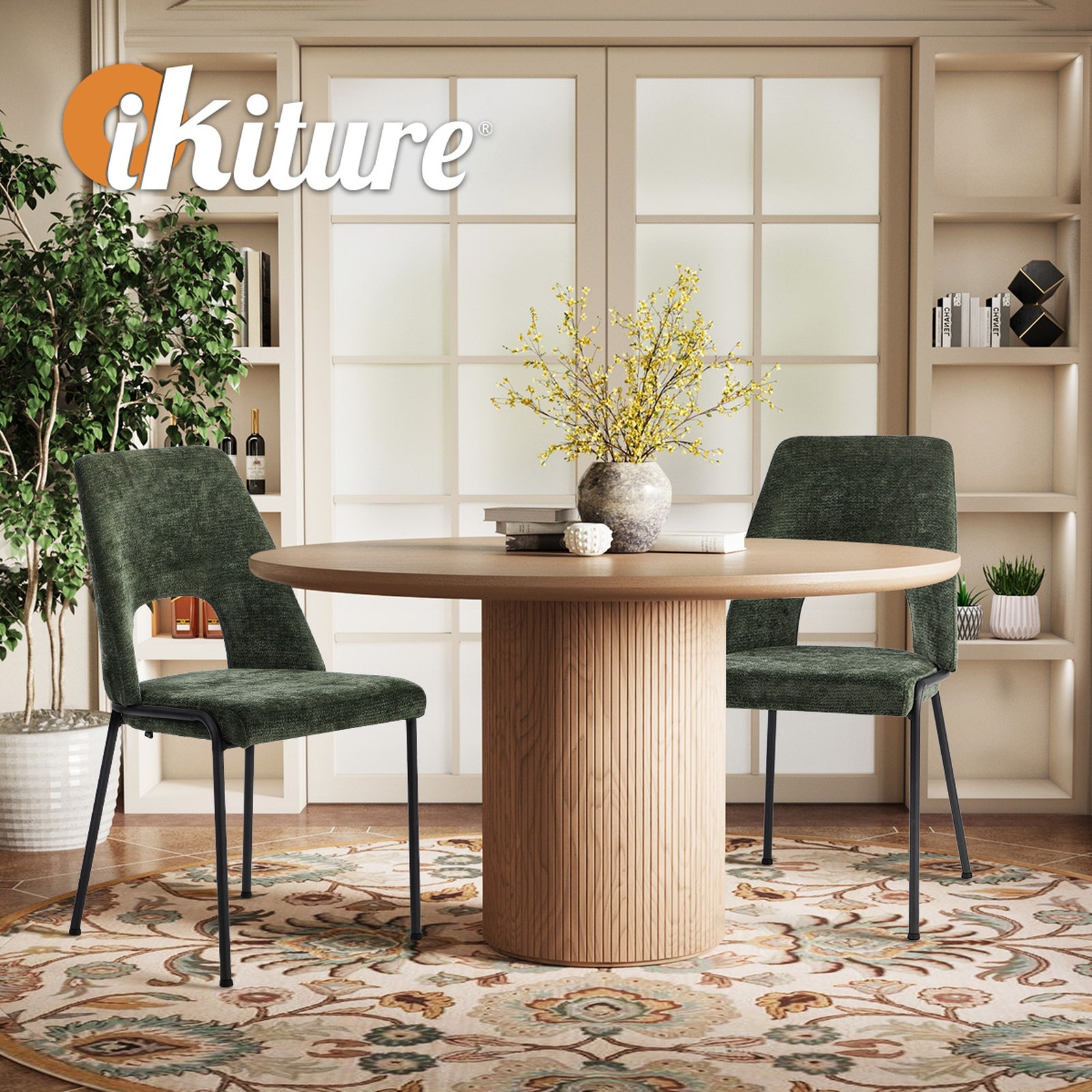 Oikiture 2x Dining Chairs Chenille Fabric Kitchen Side Chair Green - Sunyee