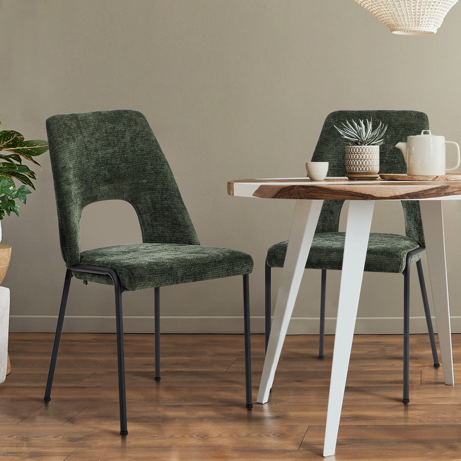 Oikiture 4x Dining Chairs Chenille Fabric Kitchen Side Chair Green - Sunyee