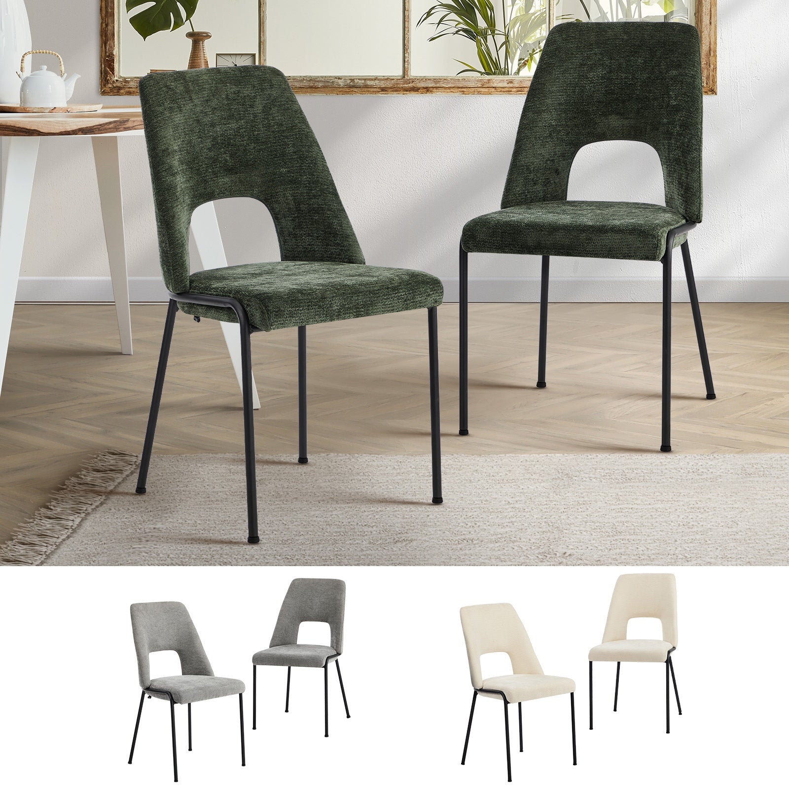 Oikiture 2x Dining Chairs Chenille Fabric Kitchen Side Chair - Sunyee