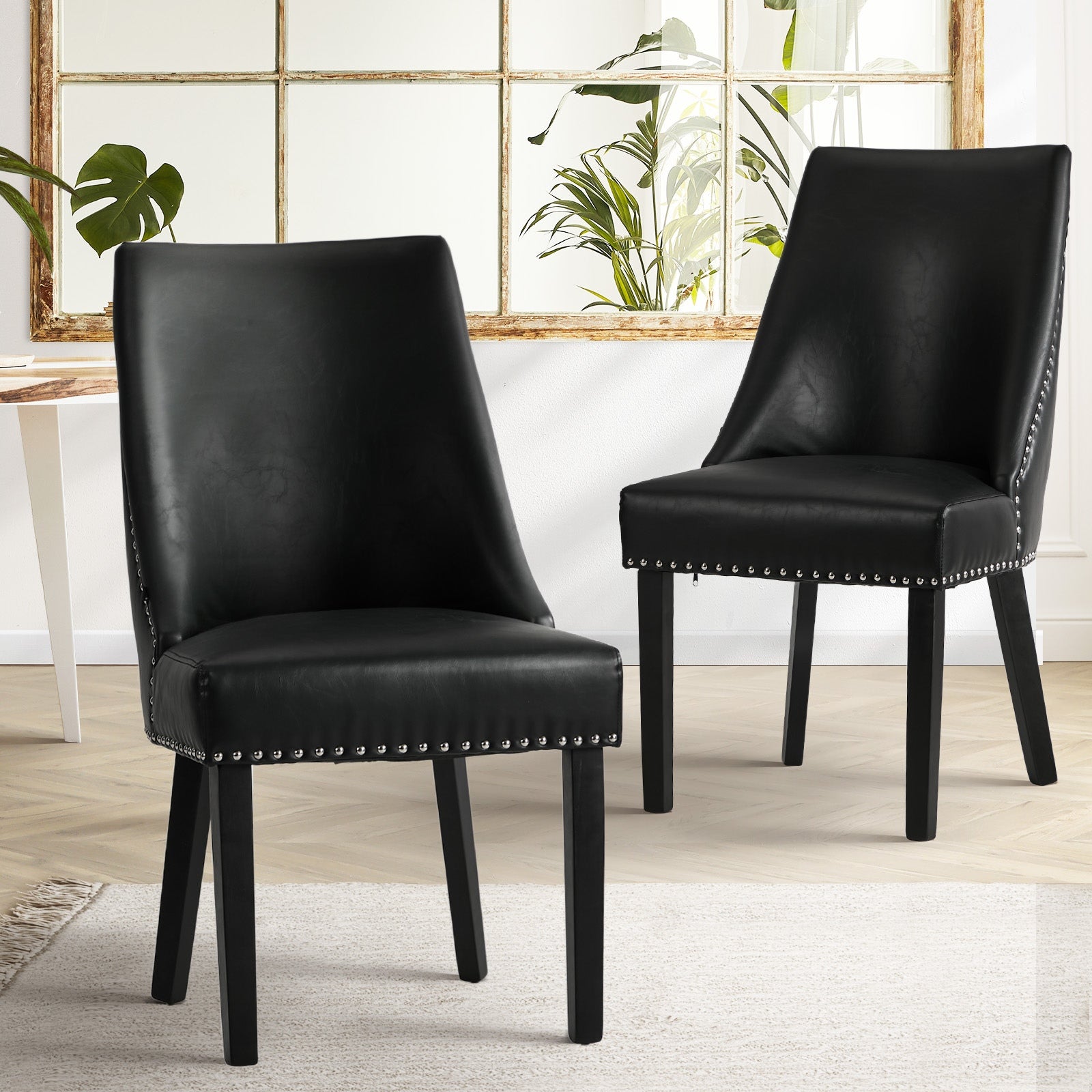 Oikiture 2PCs PU Leather Dining Chair Kitchen Padded Seat Winglet Design Black - Sunyee