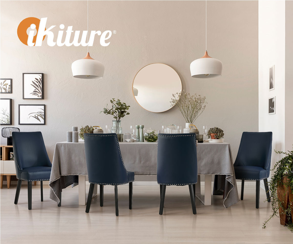 Oikiture 2PCs PU Leather Dining Chair Kitchen Padded Seat Winglet Design Blue - Sunyee