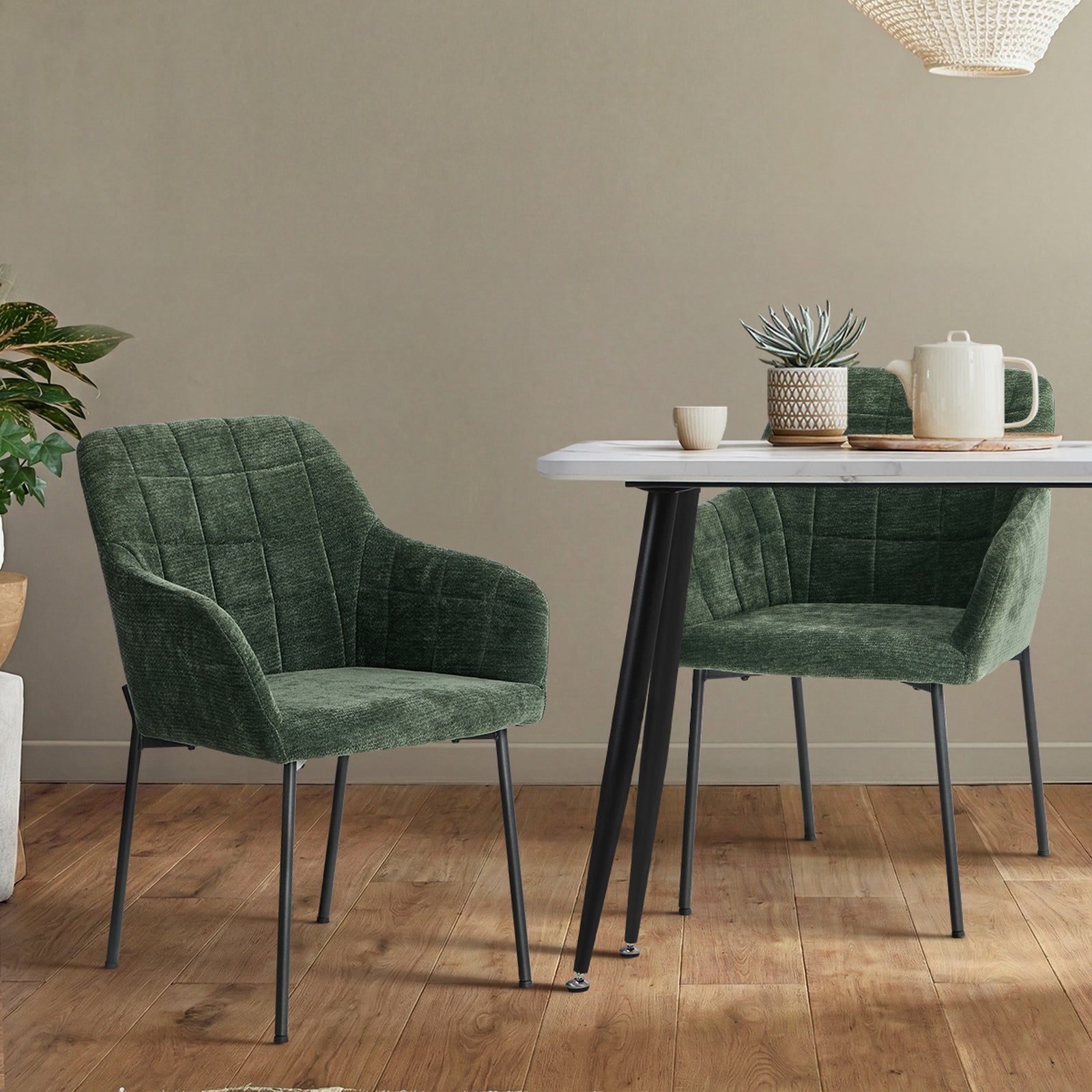 Oikiture 2x Dining Chairs Kitchen Accent Armchairs Chenille Fabric Green - Sunyee