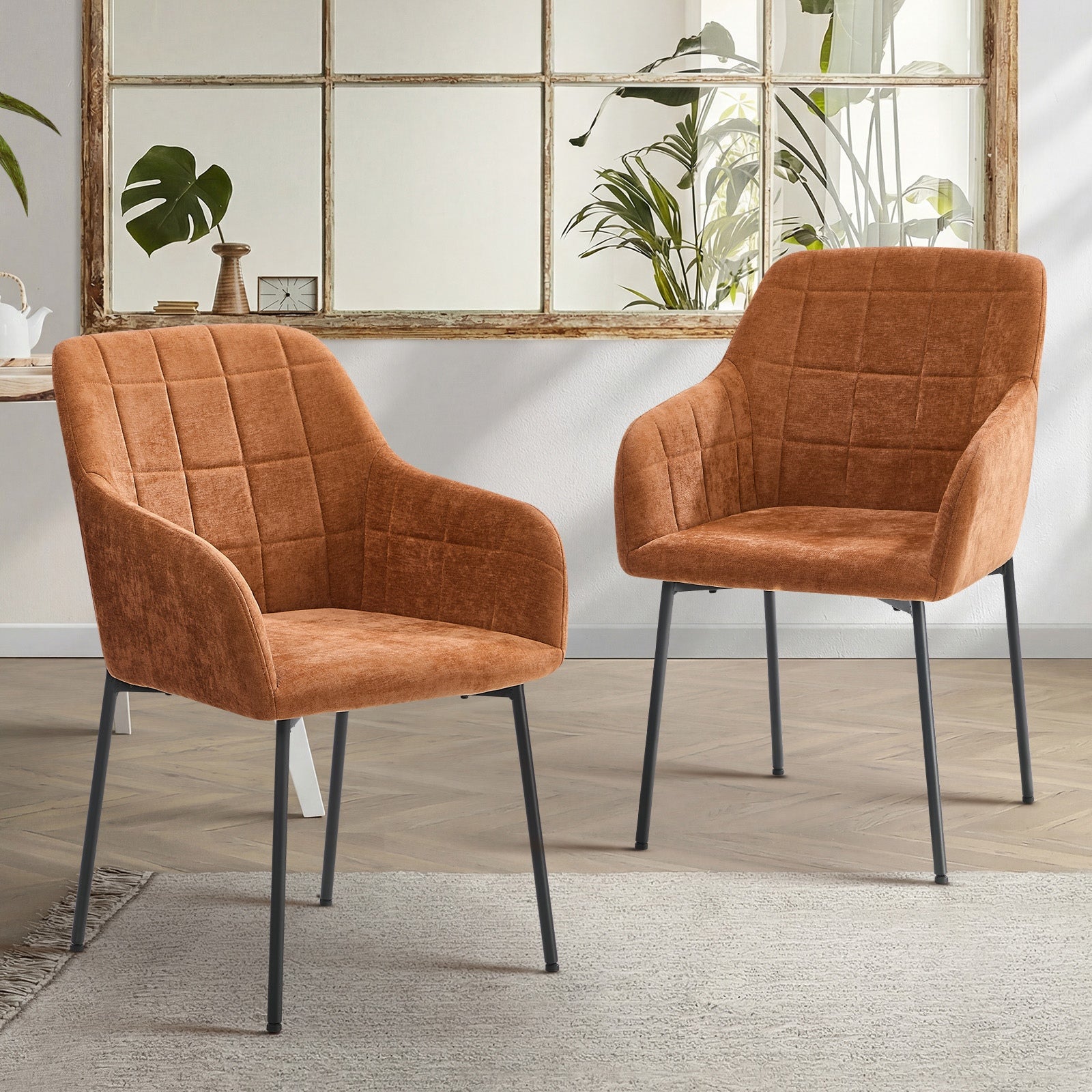 Oikiture 2x Dining Chairs Kitchen Accent Armchairs Chenille Fabric Orange