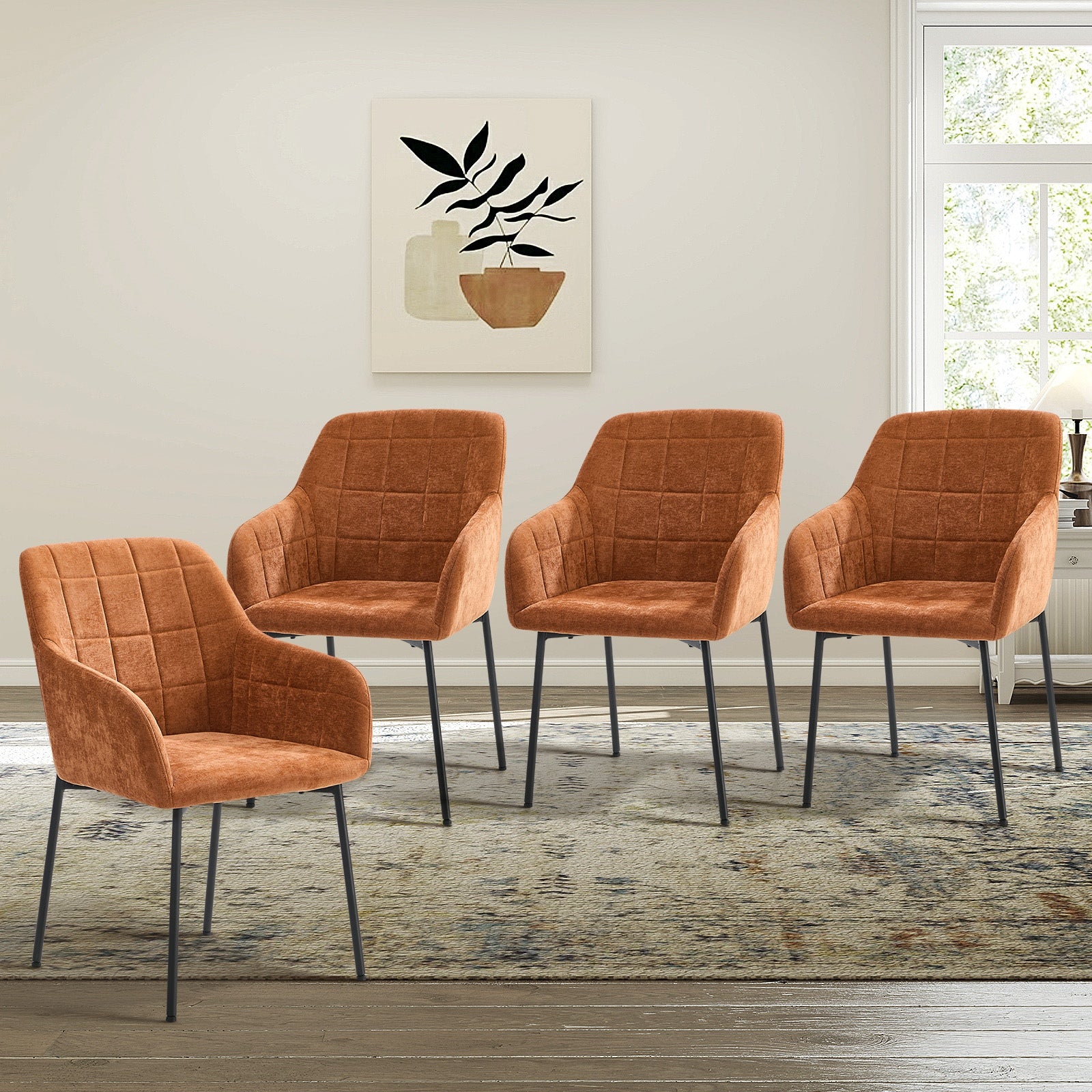 Oikiture 4x Dining Chairs Kitchen Accent Armchairs Chenille Fabric Orange