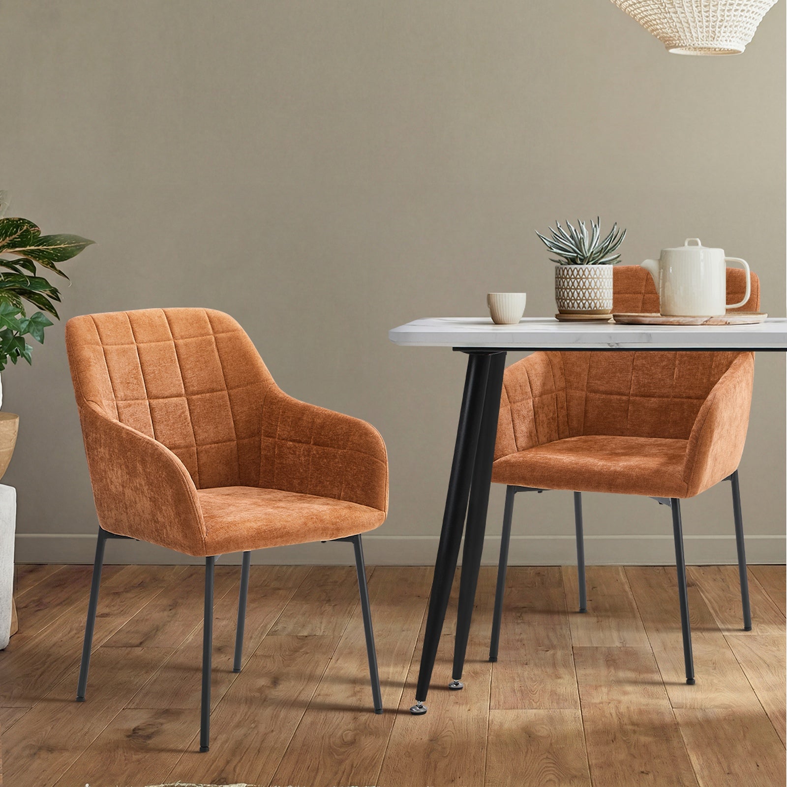Oikiture 4x Dining Chairs Kitchen Accent Armchairs Chenille Fabric Orange