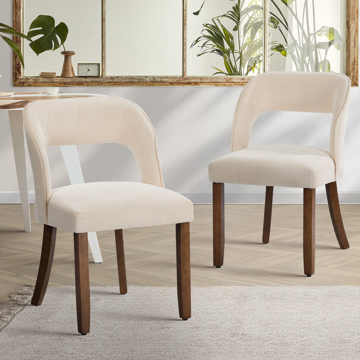 Oikiture 2x Dining Chairs Chenille Upholstery Chair Rubberwood Legs Beige