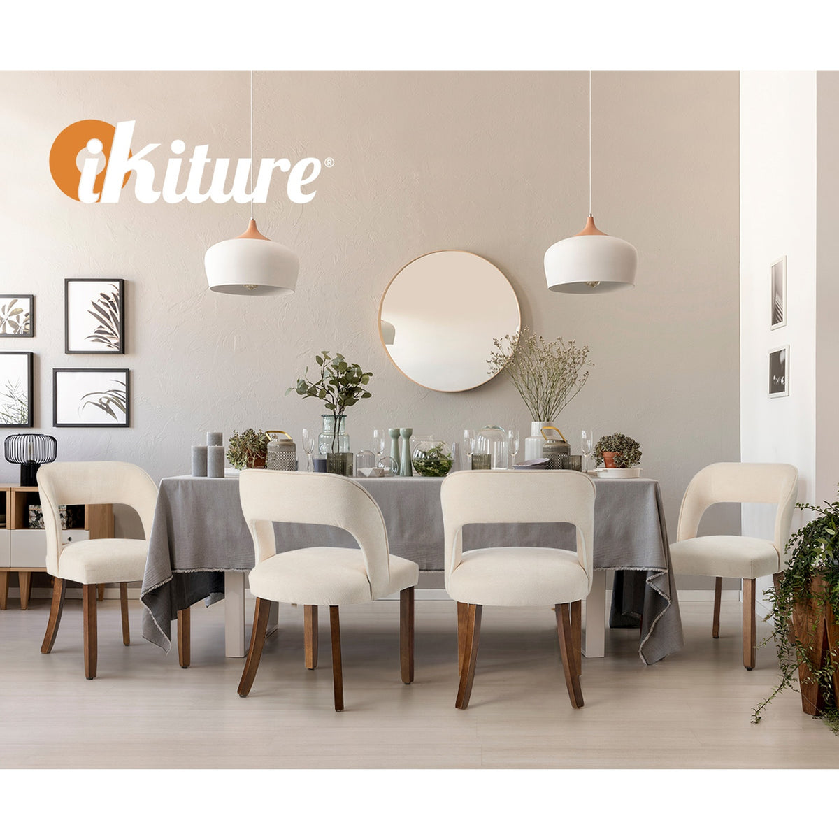Oikiture 2x Dining Chairs Chenille Upholstery Chair Rubberwood Legs Beige