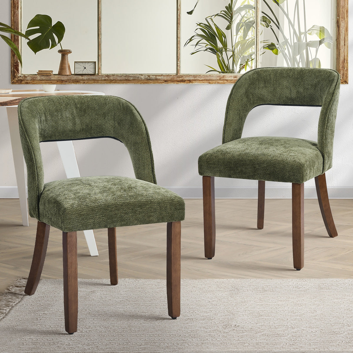 Oikiture 2x Dining Chairs Chenille Upholstery Chair Rubberwood Legs Green