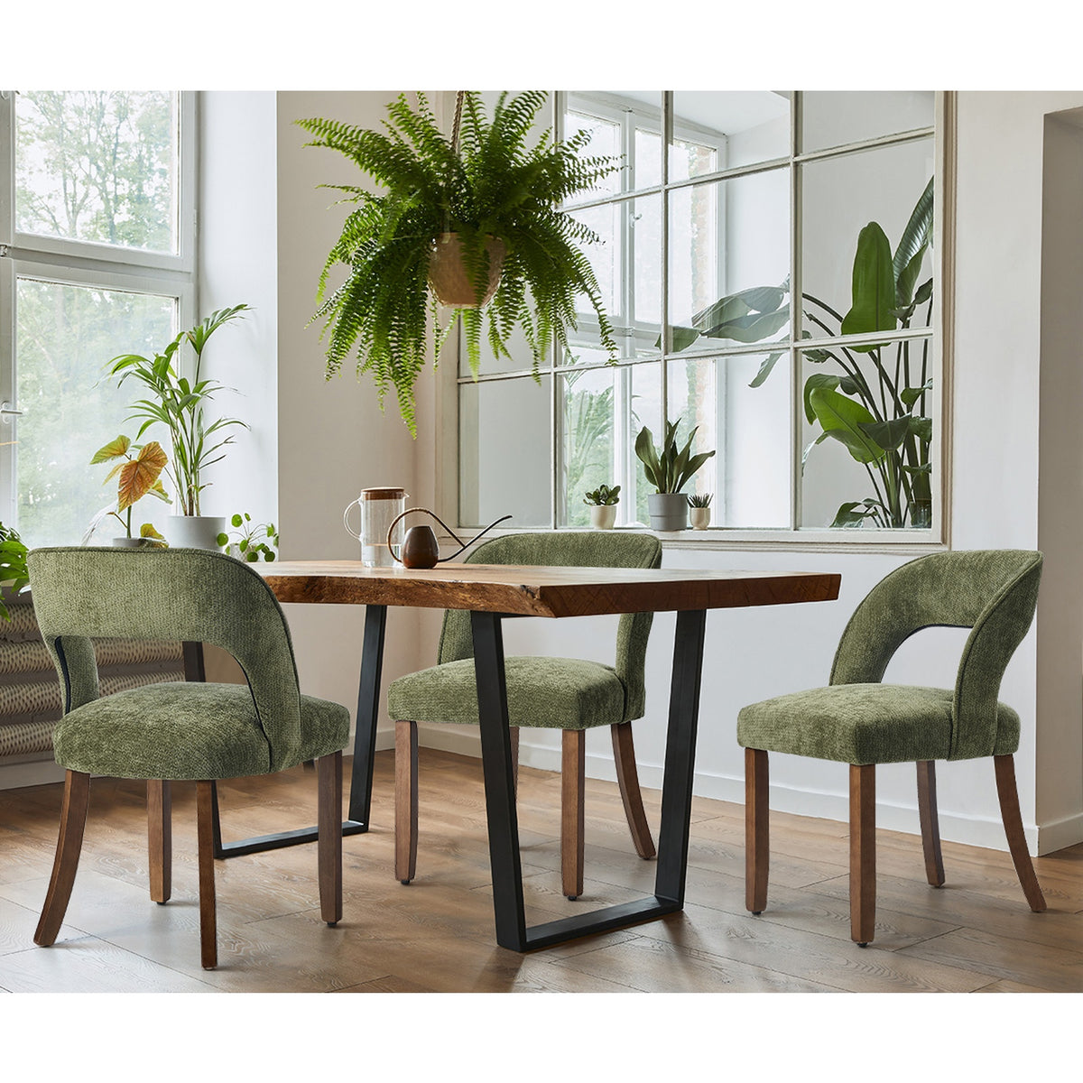 Oikiture 2x Dining Chairs Chenille Upholstery Chair Rubberwood Legs Green