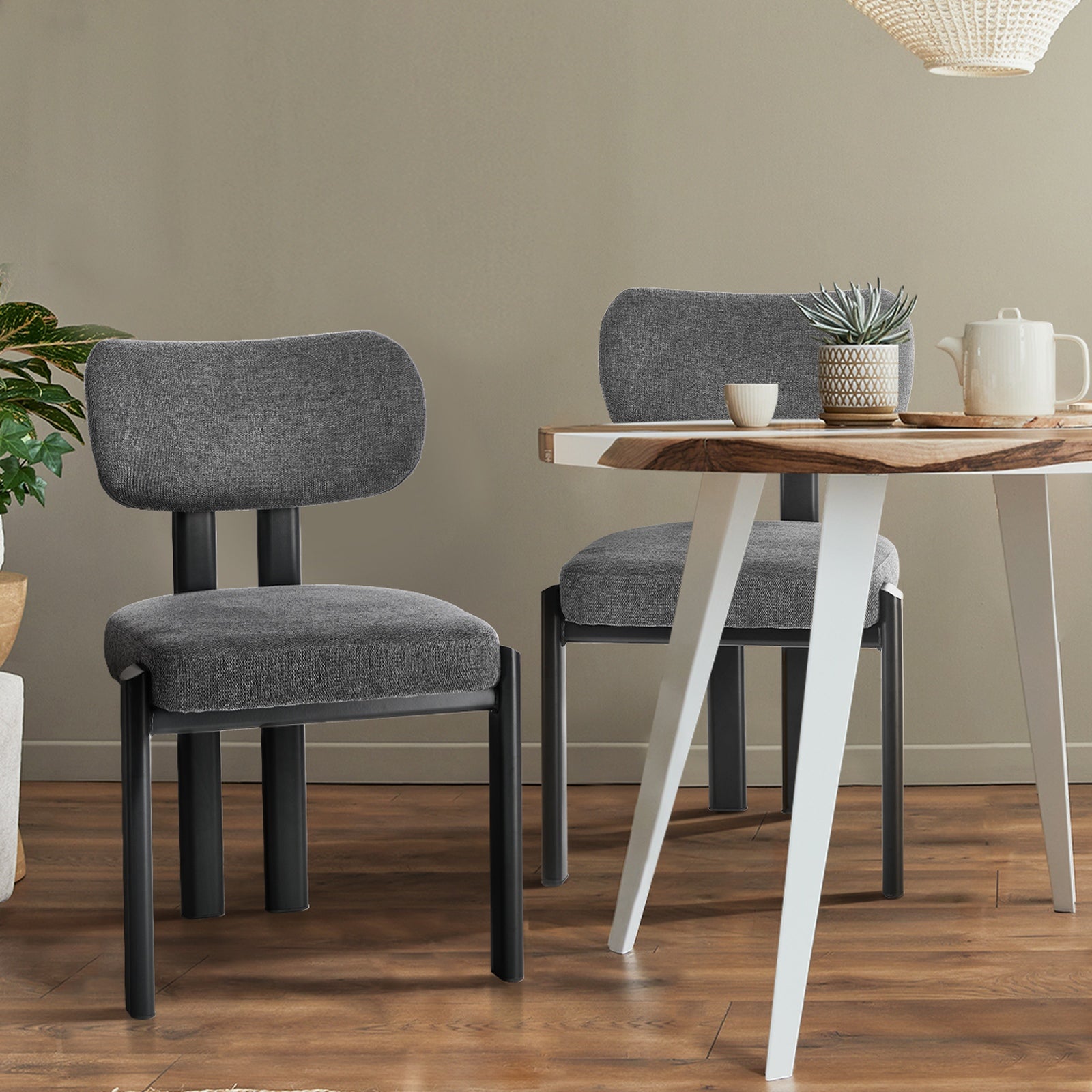 Oikiture Set of 2 Dining Chairs Linen Fabric Kitchen Chair Padded Seat Grey - Sunyee