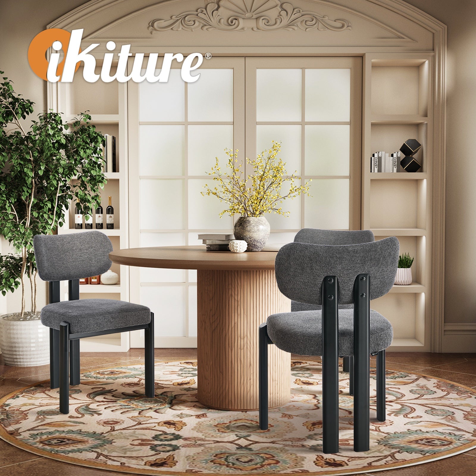 Oikiture Set of 2 Dining Chairs Linen Fabric Kitchen Chair Padded Seat Grey - Sunyee