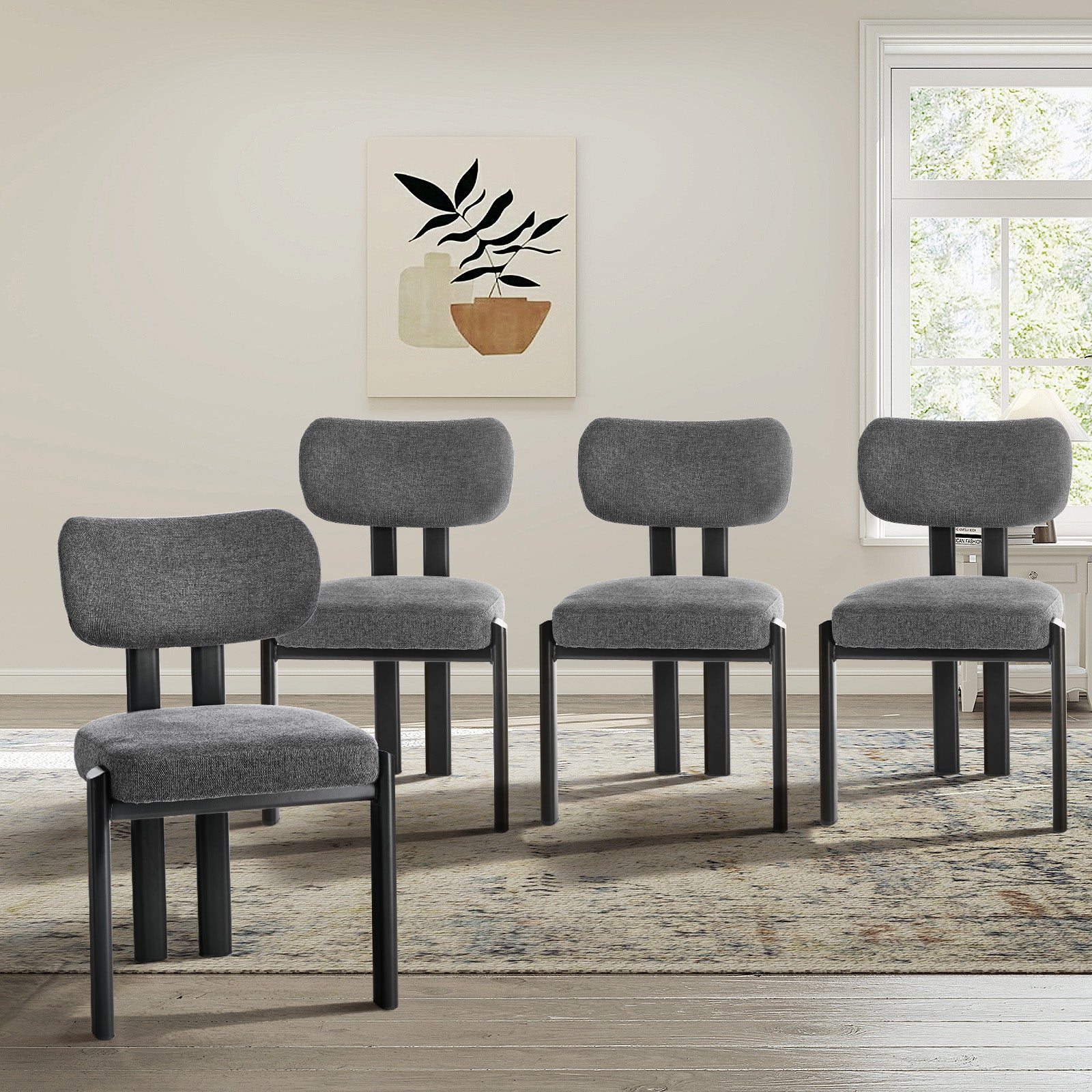 Oikiture Set of 4 Dining Chairs Linen Fabric Kitchen Chair Padded Seat Grey