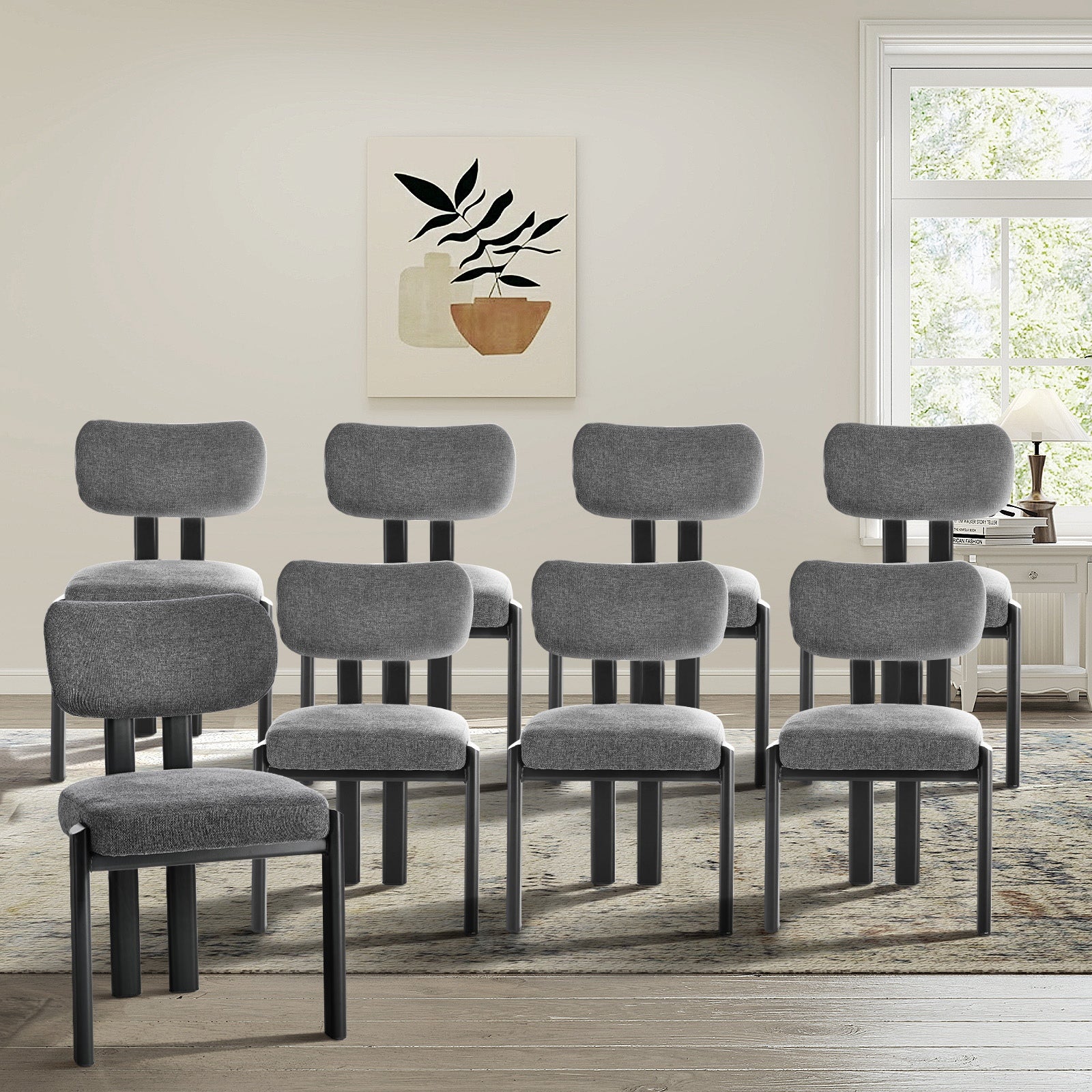 Oikiture Set of 8 Dining Chairs Linen Fabric Kitchen Chair Padded Seat Grey