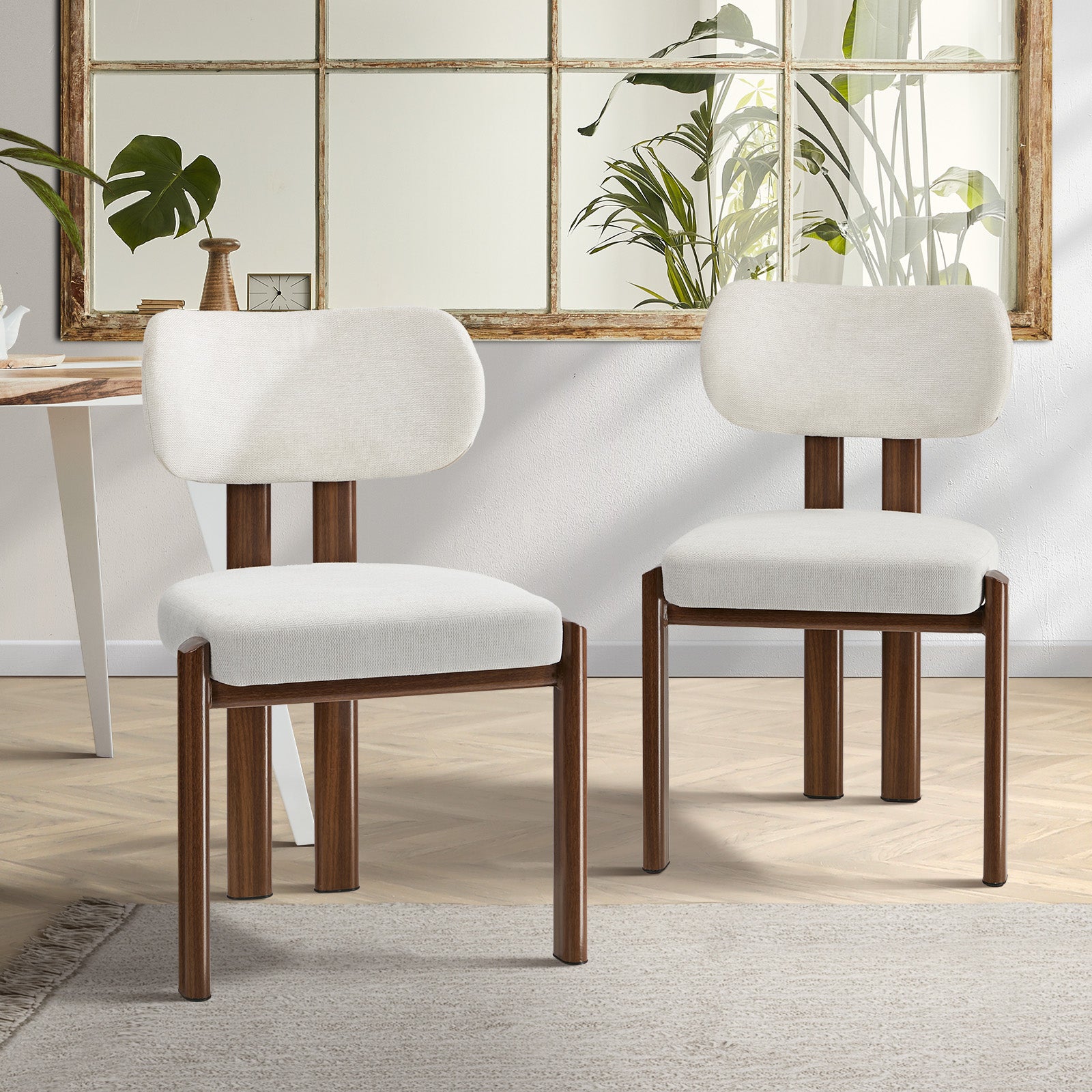Oikiture Set of 2 Dining Chairs Linen Fabric Kitchen Padded Seat Beige&Brown