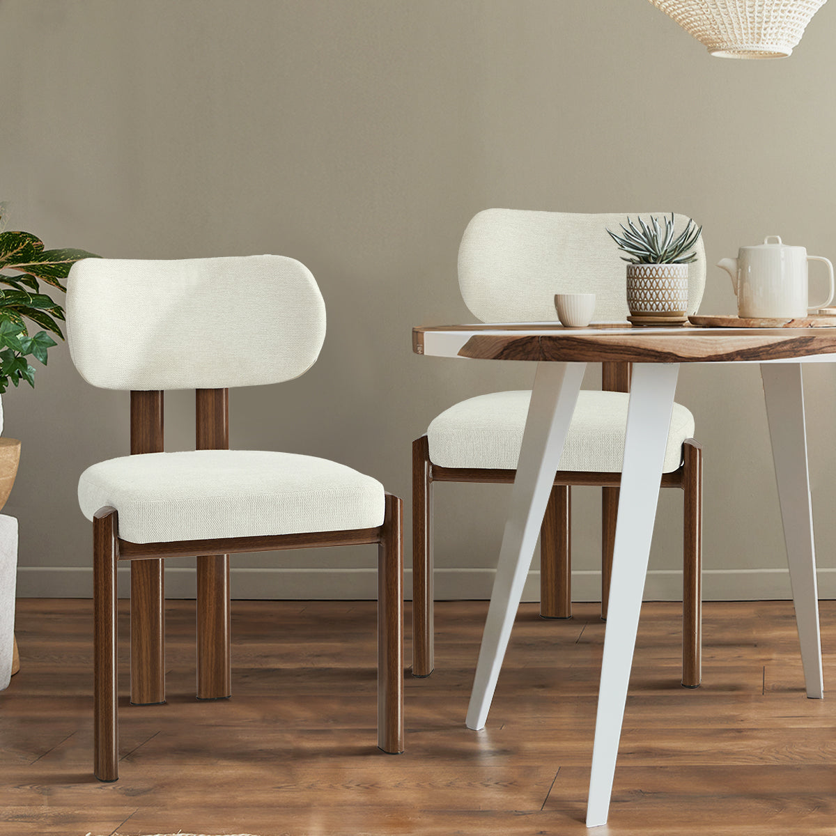 Oikiture Set of 2 Dining Chairs Linen Fabric Kitchen Padded Seat Beige&Brown