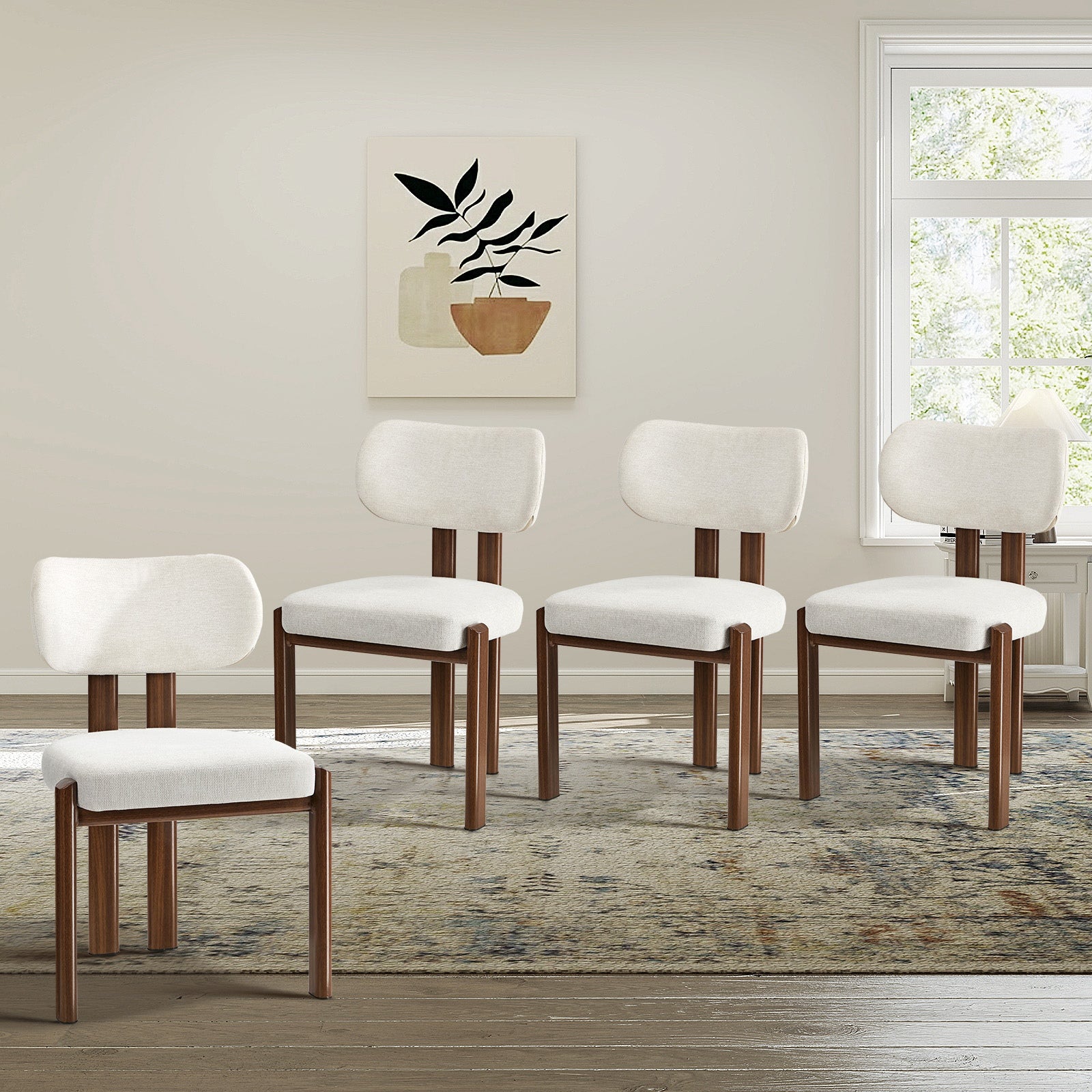 Oikiture Set of 4 Dining Chairs Linen Fabric Kitchen Padded Seat Beige&Brown