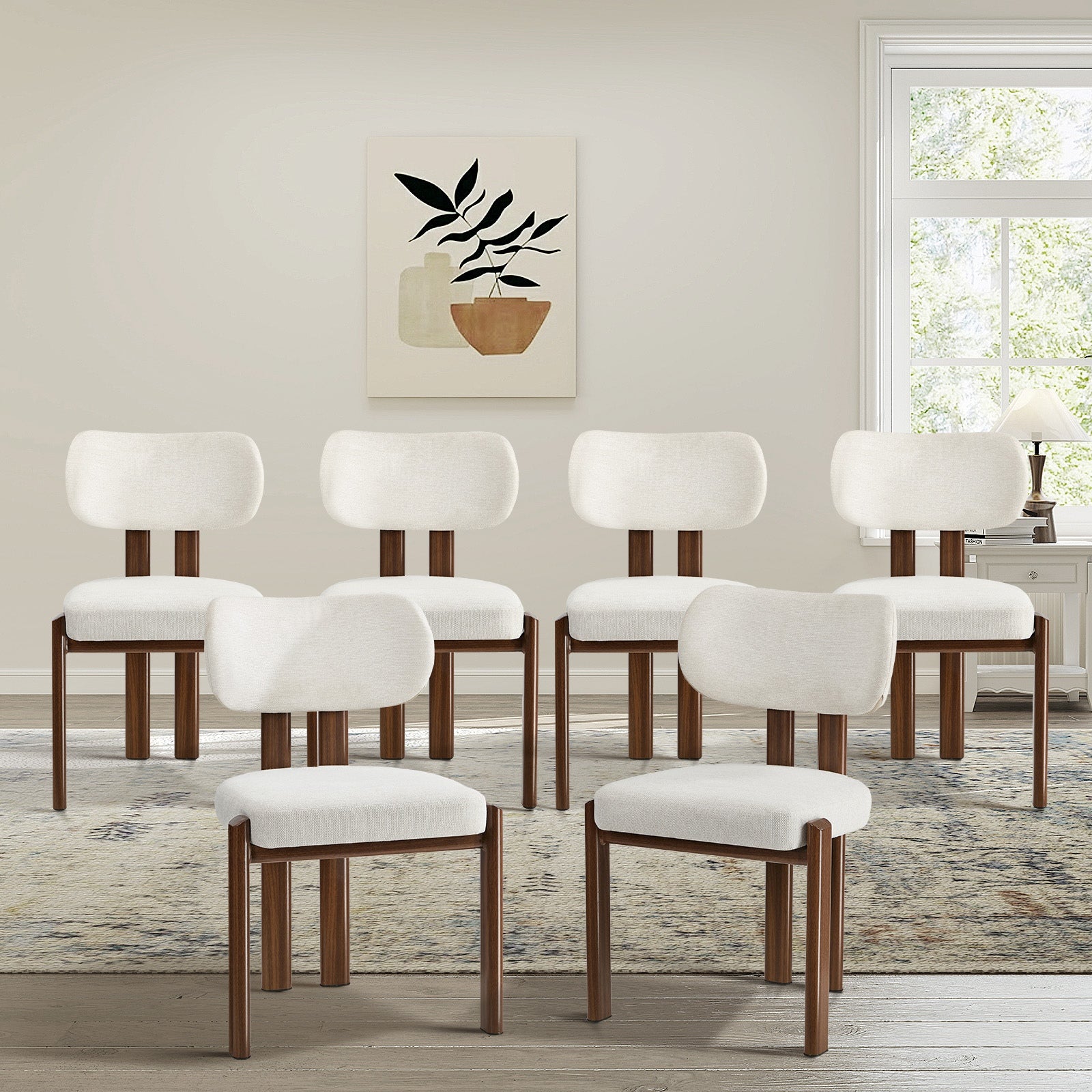 Oikiture Set of 6 Dining Chairs Linen Fabric Kitchen Padded Seat Beige&Brown