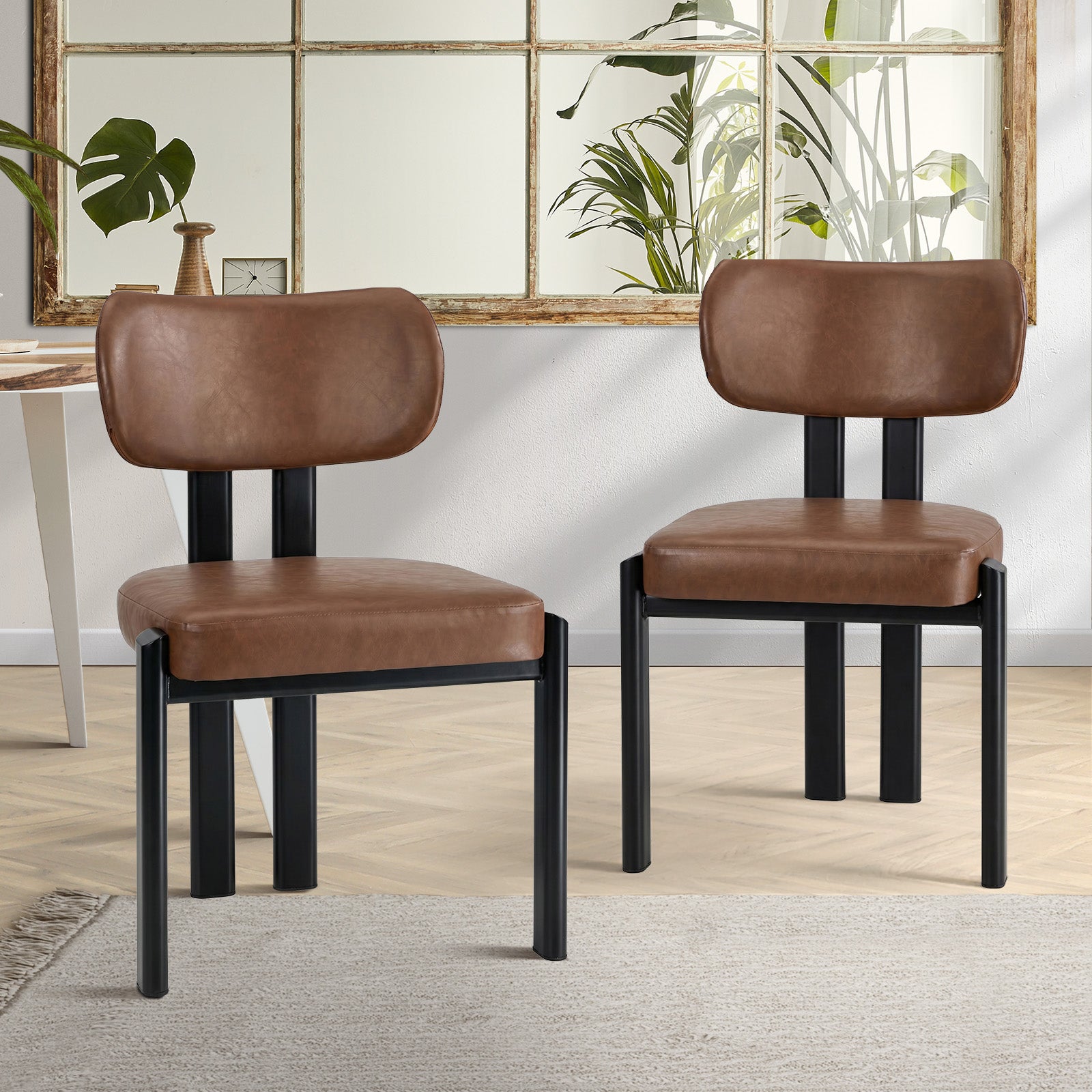 Oikiture Set of 2 Dining Chairs Faux Leather Fabric Kitchen Chair Padded Seat