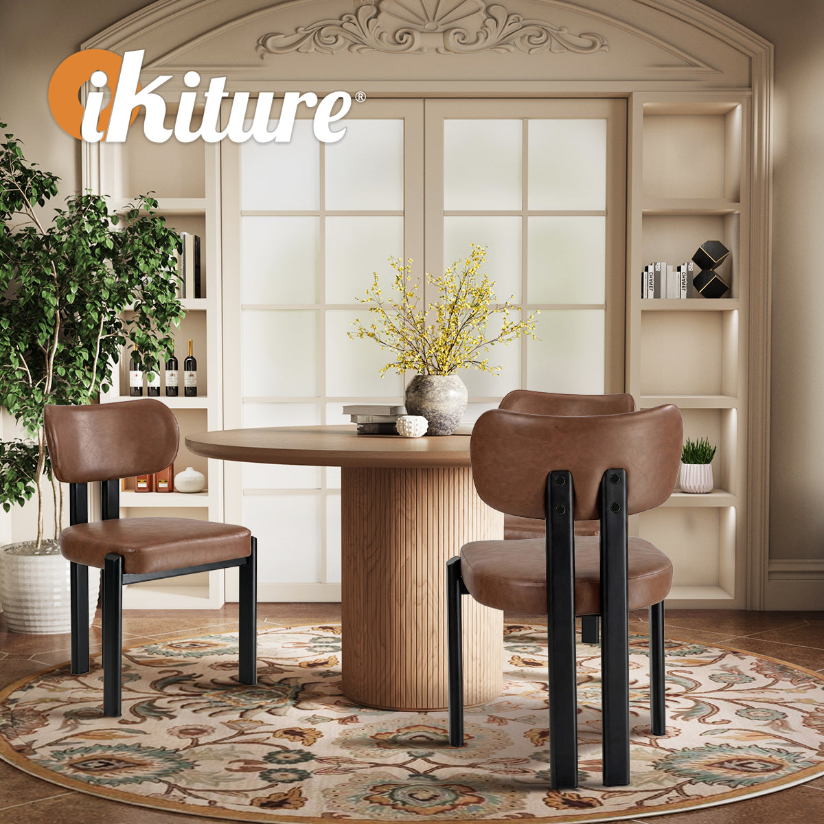 Oikiture Set of 2 Dining Chairs Faux Leather Fabric Kitchen Chair Padded Seat