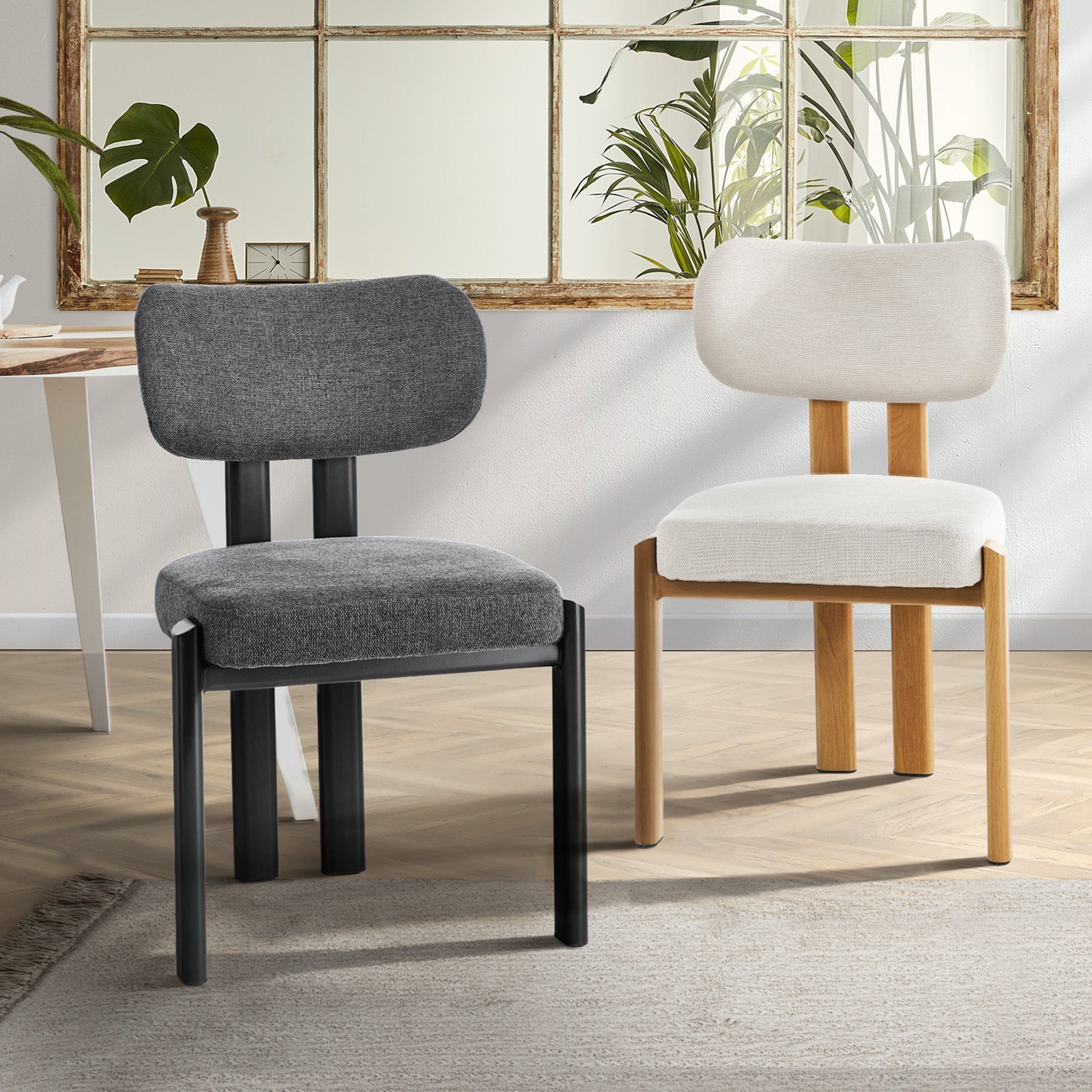 Oikiture Set of 2 Dining Chairs Linen Fabric Kitchen Seat Padded Accent Chair