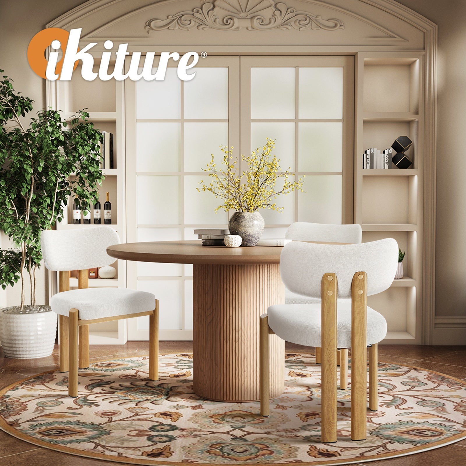 Oikiture Set of 2 Dining Chairs Linen Fabric Kitchen Chair Padded Seat Beige